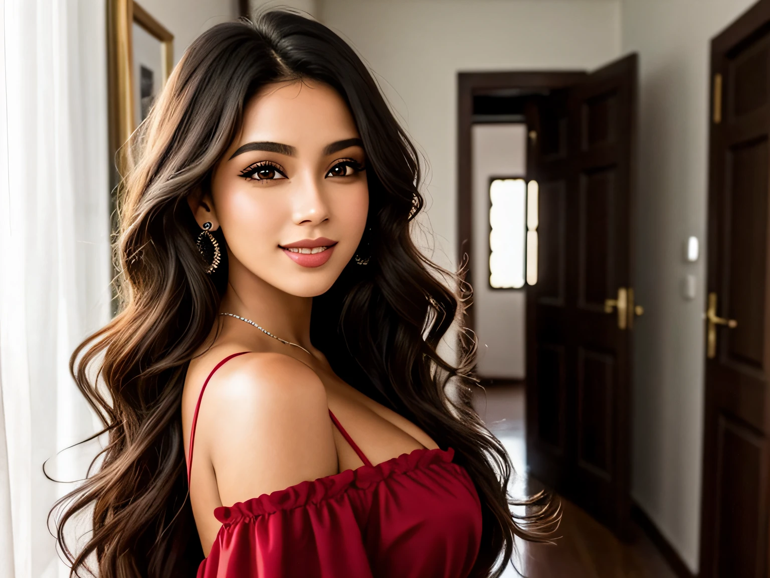 Linda mulher jovem, 25 anos, cabelos negros e longos, vestido vermelho decotado, olhar sedutor, leve sorriso, sala de jantar, detalhes intrincados, 8K