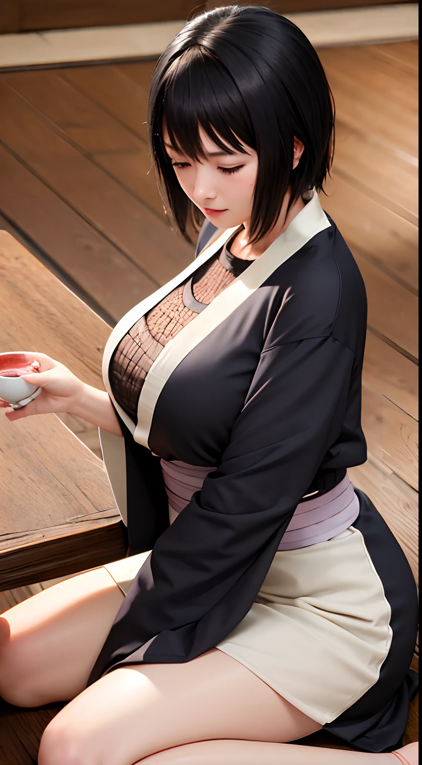 masterpiece, best quality,4k, shizune, black kimono, wariza, japanese architecture, sake, drunk, blushing, closed eyes, indoors, table big breast,