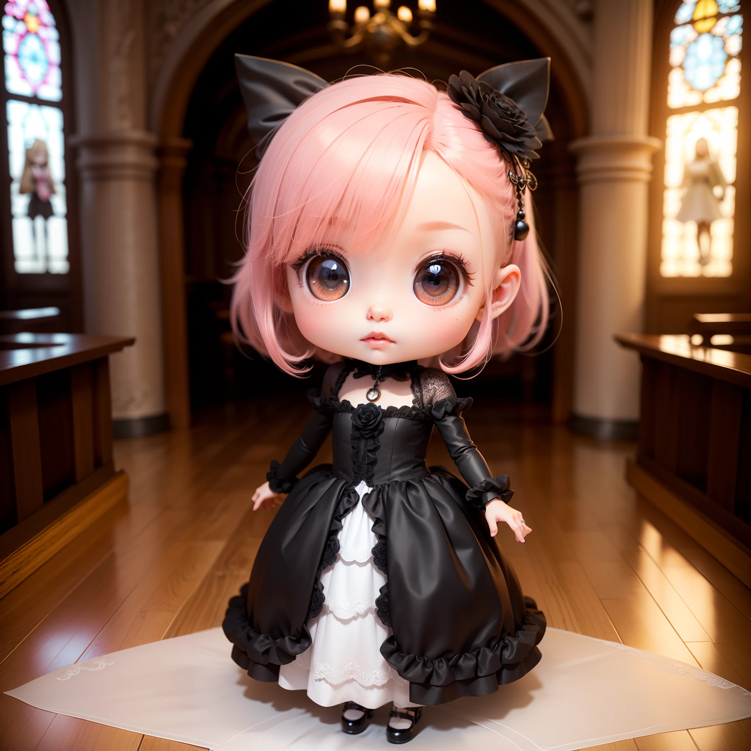 Cute Baby Chibi Anime,(((Chibi 3D))) (BES T quality) (Master Price)、 🧟Zombie Chibi、Black Rose Decoration Hair Bell, wedding dress broken church altar、 A detailed face、Standing.