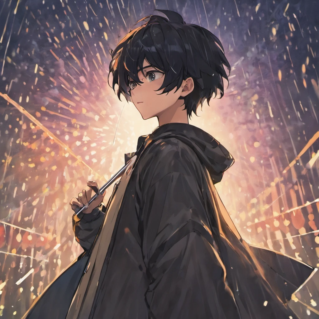 black haired, male, masked, holding an align umbrella, light black eyes, light rain background