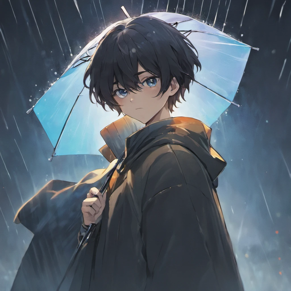 black haired, male, masked, holding an align umbrella, light black eyes, light rain background