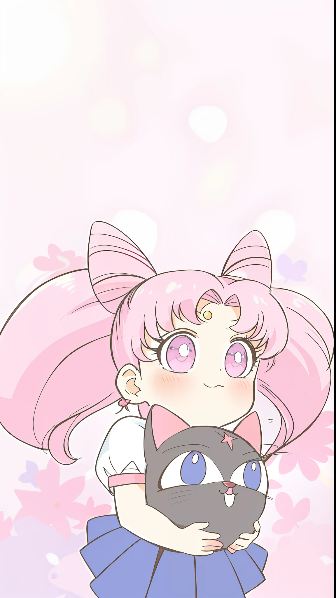 Anime girl with pink hair holding a black cat in her arms, sailor moon aesthetic, author：the sailor moon, Sailor Moon!!!!!!!!, Cute anime, DDLC, inspired by Sailor Moon, cute anime face, cute anime catgirl, Sailor Moon style, She has a cute face, High-quality fanart, with huge luminous sad eyes, the sailor moon. Beautiful, anime vibes