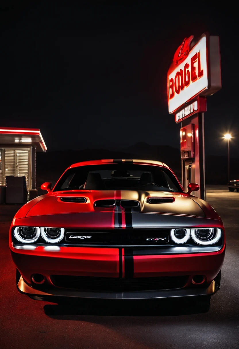 Dodge challengerhellcat 2023 red silver led light for muscle car standing in front of illuminated gas station at night, darkness illumination, American vistas ar 21:9-c 10-style raw