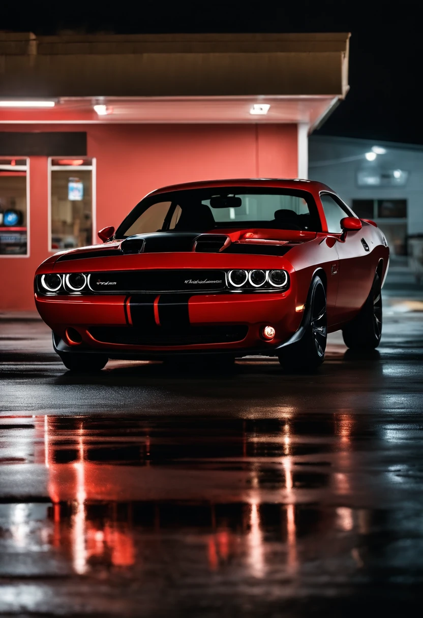 Dodge challengerhellcat  2023 red silver led light for muscle car standing in front of illuminated gas station at night, darkness illumination, American vistas ar 21:9-c 10-style raw