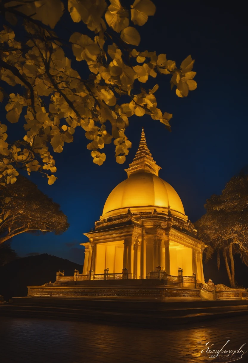 templo da lua, estilo de fantasia, paleta de cor amarelo e azul, noite, light vegetation