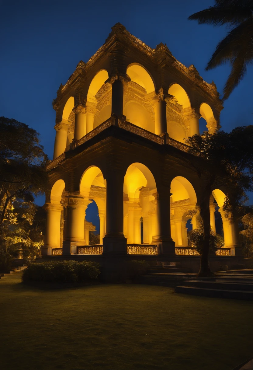 templo da lua, estilo de fantasia, paleta de cor amarelo e azul, noite, light vegetation
