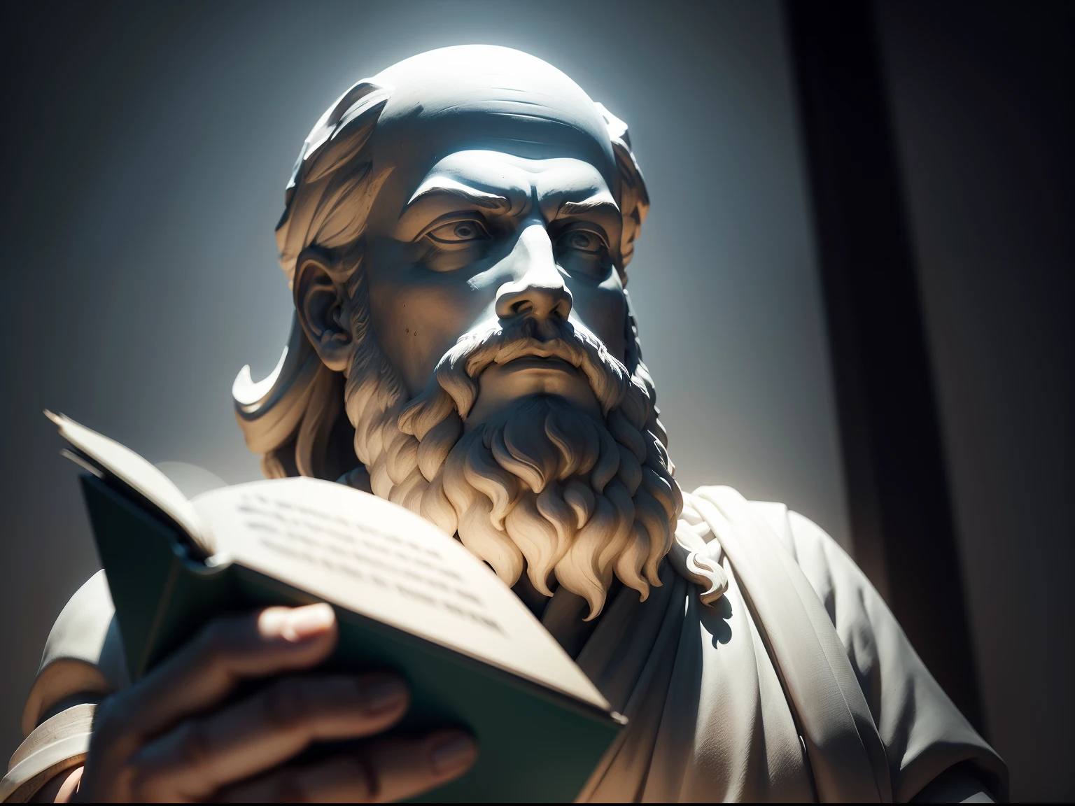 Create an inspiring 8K image depicting a 3rd century Socrates philosopher.C., immortalized as a statue. Ambiente a cena em um ambiente sombrio e misterioso, with the figure of the philosopher blurred, but enigmatically illuminated by epic lights and shadows. The resulting image should exude the aura of deep contemplation and wisdom.