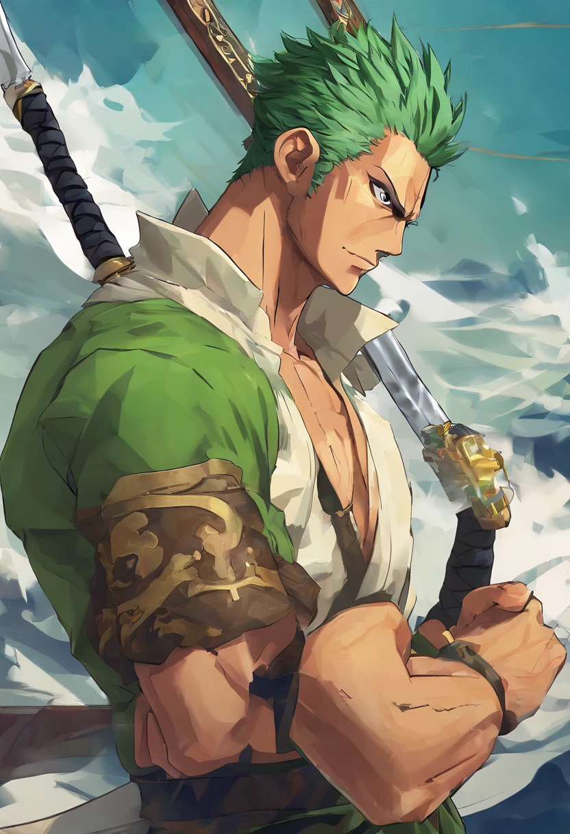 "Generate an image of Roronoa Zoro, a character from the popular anime and manga series 'One Piece.' Zoro is a skilled swordsman and a member of the Straw Hat Pirates. He is known for his distinctive green hair, bandana, and three swords style. Depict Zoro in a dynamic pose that showcases his swordsmanship skills and determination. Capture his serious expression and the intensity of a battle-ready warrior. Pay attention to details such as his swords, scars, and the iconic 'One Piece' symbol on his left bicep. The background should reflect the adventurous spirit of the series, with hints of the sea and pirate motifs. Use bold and vibrant colors to bring the character to life and create a visually striking image that resonates with fans of the series."