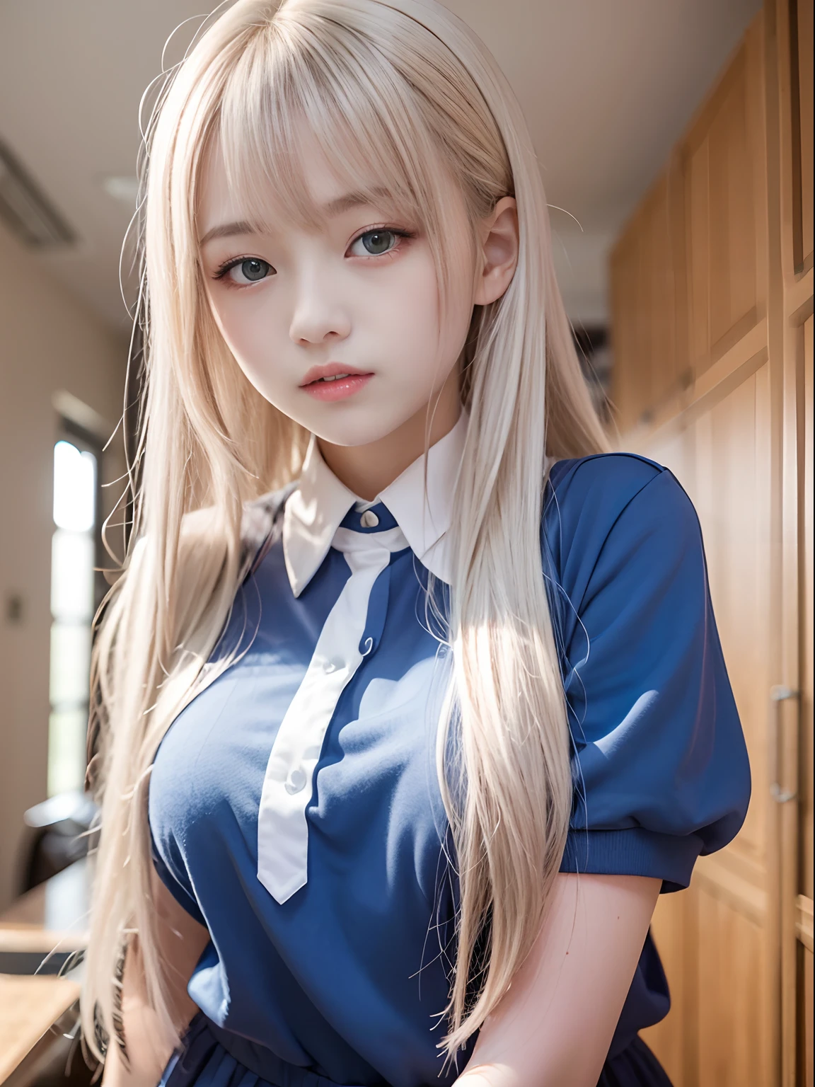 portlate、School Uniforms、bright expression、Young shiny shiny white shiny skin、Best Looks、Blonde reflected light、Platinum blonde hair with dazzling highlights、shiny light hair,、Super long silky straight hair、Beautiful bangs that shine、Glowing crystal clear attractive big blue eyes、Very beautiful nice cute 16 year old girl、Lush bust、