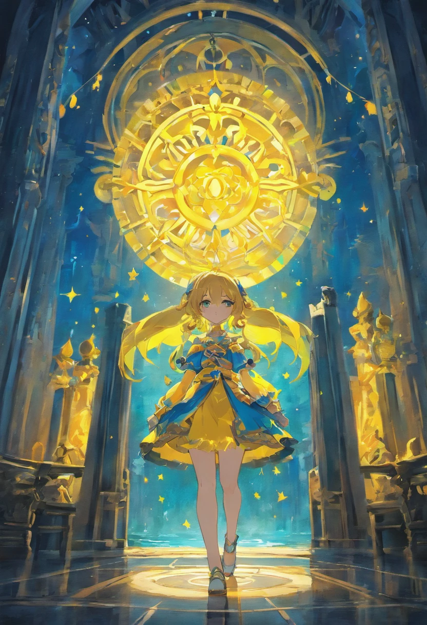 templo da lua, estilo de fantasia, paleta de cor amarelo e azul, noite, light vegetation