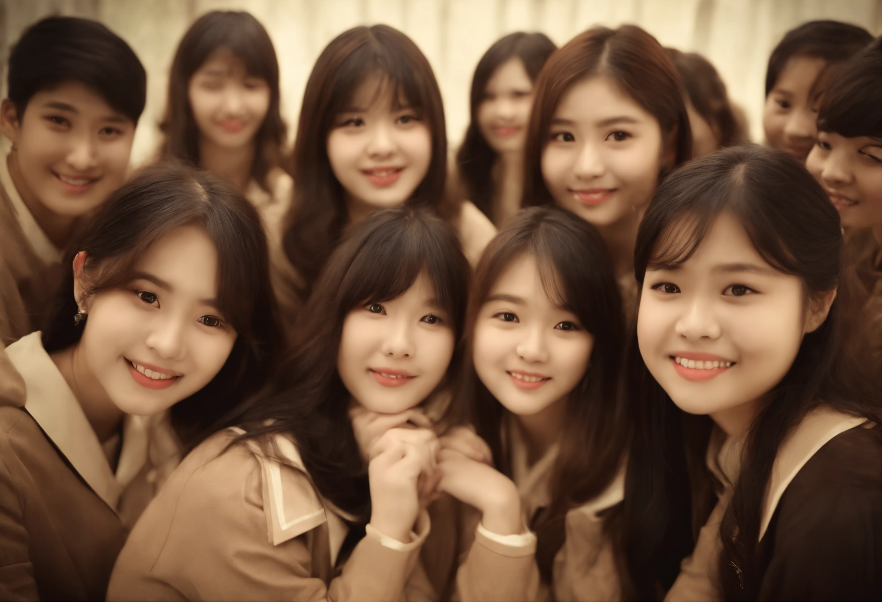 Cute High School Girl　校服　A dark-haired　40 people　in group photograph　sepia