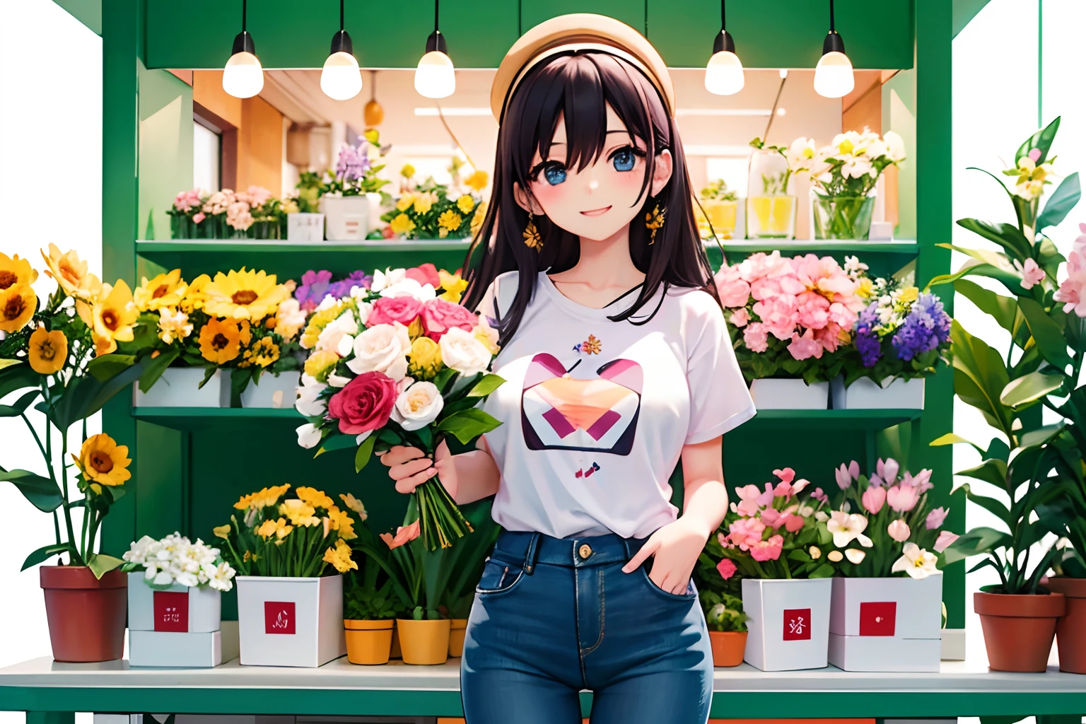 Best quality、超A high resolution、full bodyesbian、Girl working in a flower shop、Wear loose T-shirt jeans,Making a bouquet、Florist background, Cute happy smile