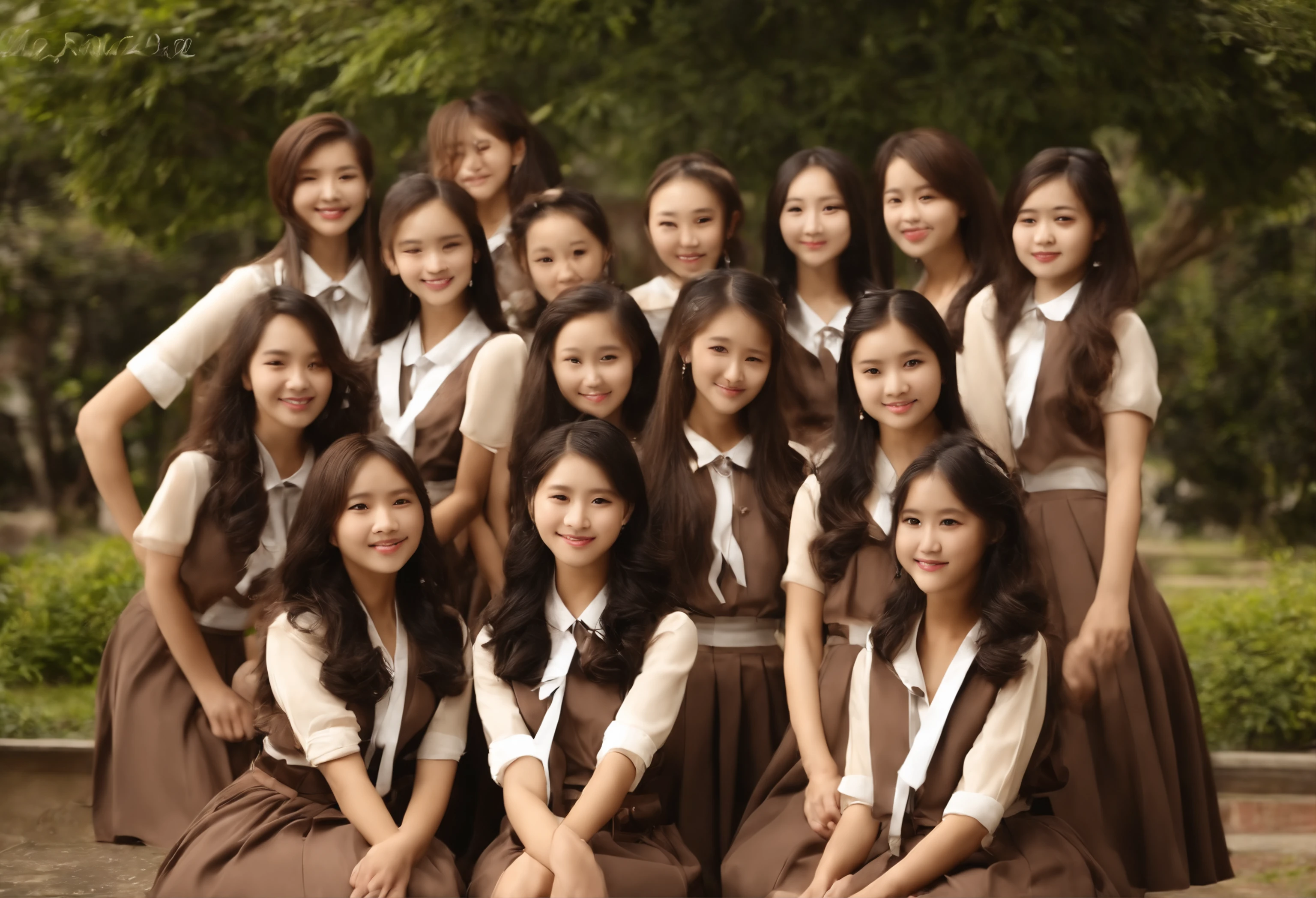 Cute High School Girl　校服　A dark-haired　40 people　in group photograph　sepia