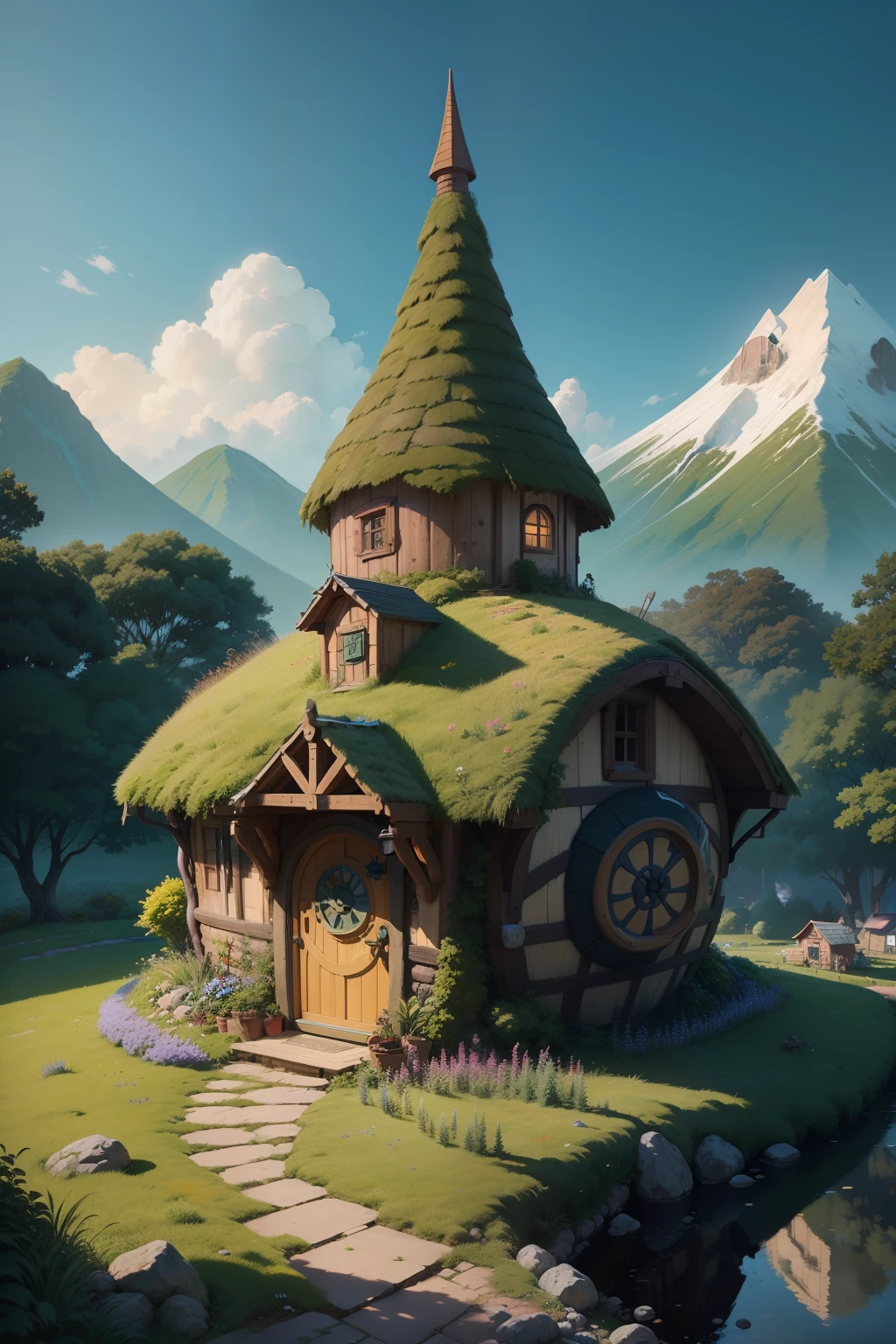 Realistic, real life, beautiful hobbit house on the hill, style of laurie greasley, studio ghibli, akira toriyama, james gilleard, genshin impact, trending pixiv fanbox, acrylic palette knife, 4k, vibrant colors, devinart, trending on artstation