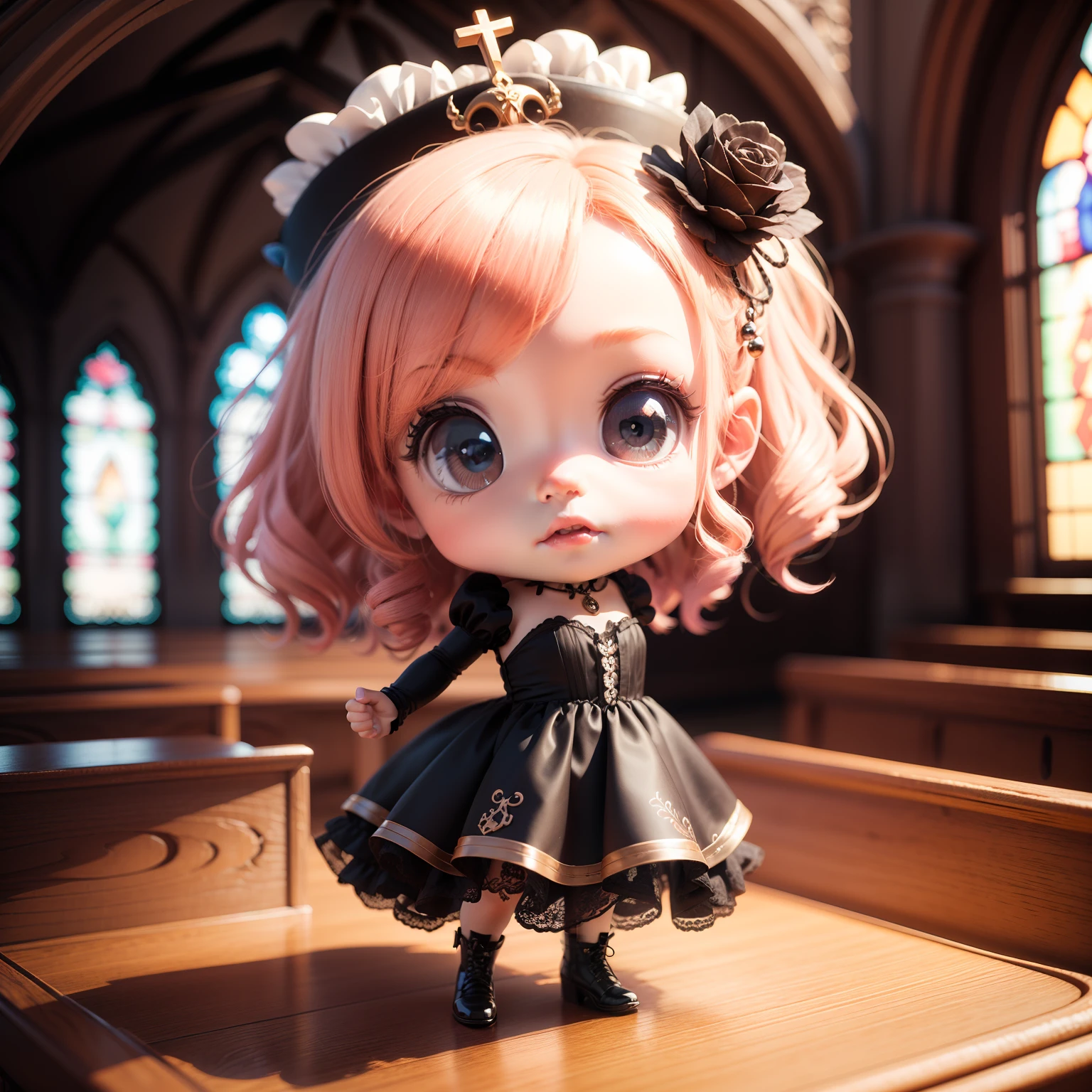 Cute  Chibi Anime,(((Chibi 3D))) (BES T quality) (Master Price)、 🧟Zombie Chibi、Black Rose Decoration Hair Bell, wedding dress broken church altar、 A detailed face、Standing.