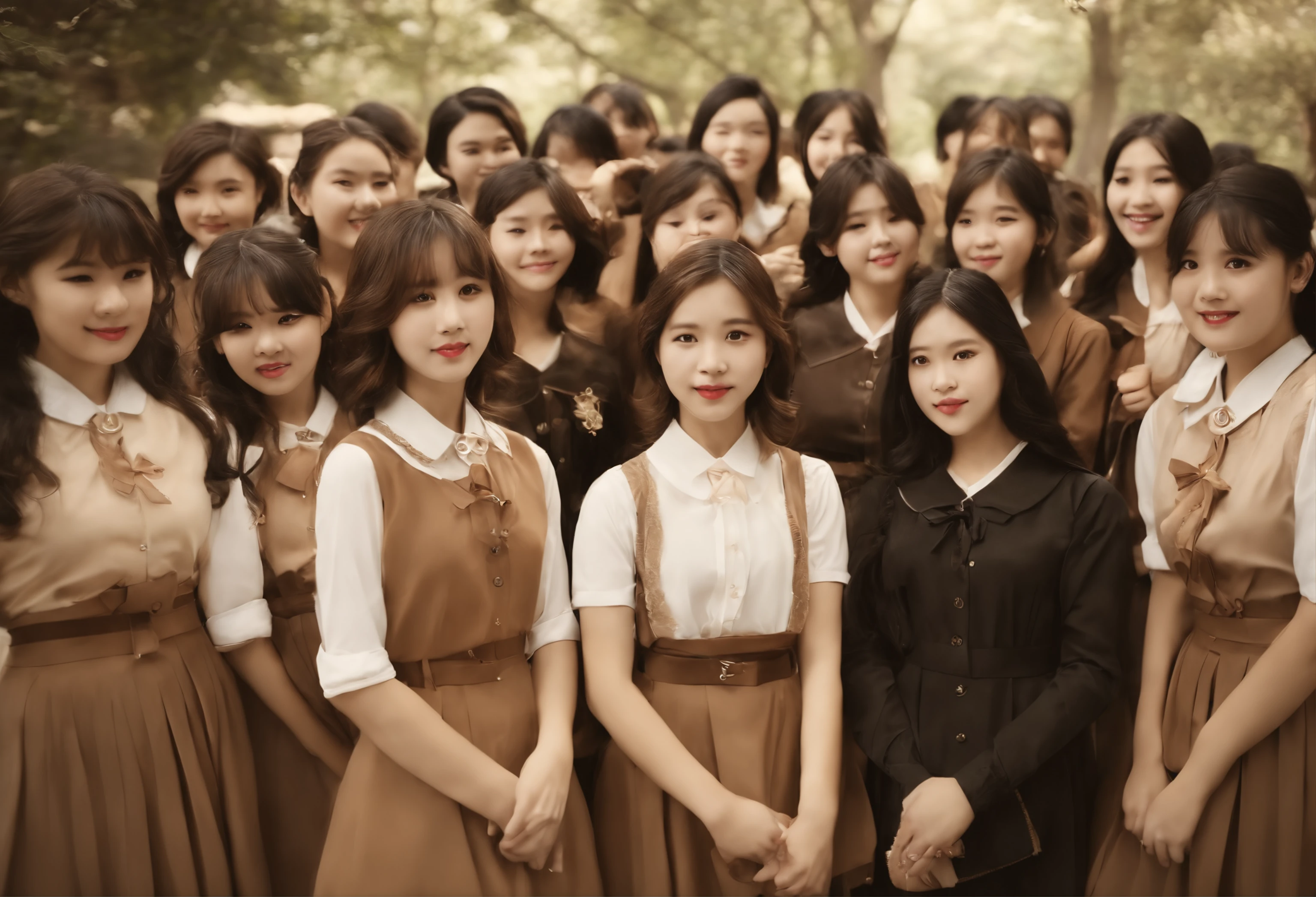 Cute High School Girl 校服 A dark-haired 40 people in group photograph sepia