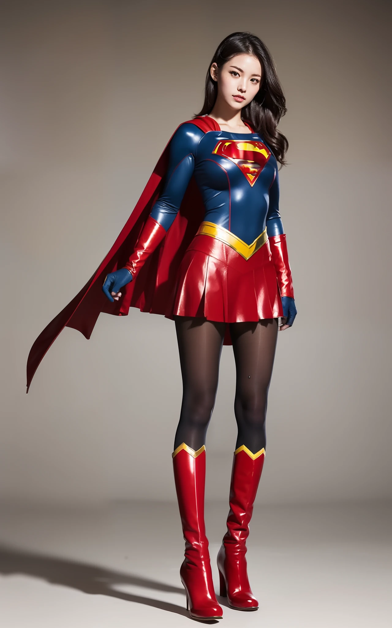 (((Make the most of the original image)))、(((Supergirl Costume)))、(((lustrous dark hair)))、(((Suffering)))、(((Feet must necessarily be worn with black tights)))、(((You need to wear red boots)))、((Top image quality、8K))、((top-quality、8K、masterpiece:1.3))、Crisp focus:1.2、Beautiful woman with perfect body shape:1.4、Slender Abs:1.2、((layers-Cut、large boob:1.2))、a wet body:1.5、Highly detailed facial and skin texture、