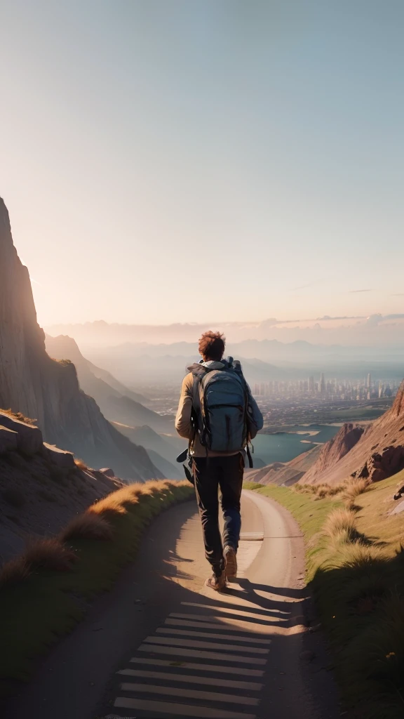 Clear and light background, There is a narrow and winding path that stretches along the image, Man walking towards the horizon with backpack on his back, Symbolizes a personal journey to happiness and fulfillment,You can see the cityscape in the distance,The Adventure of Life Begins