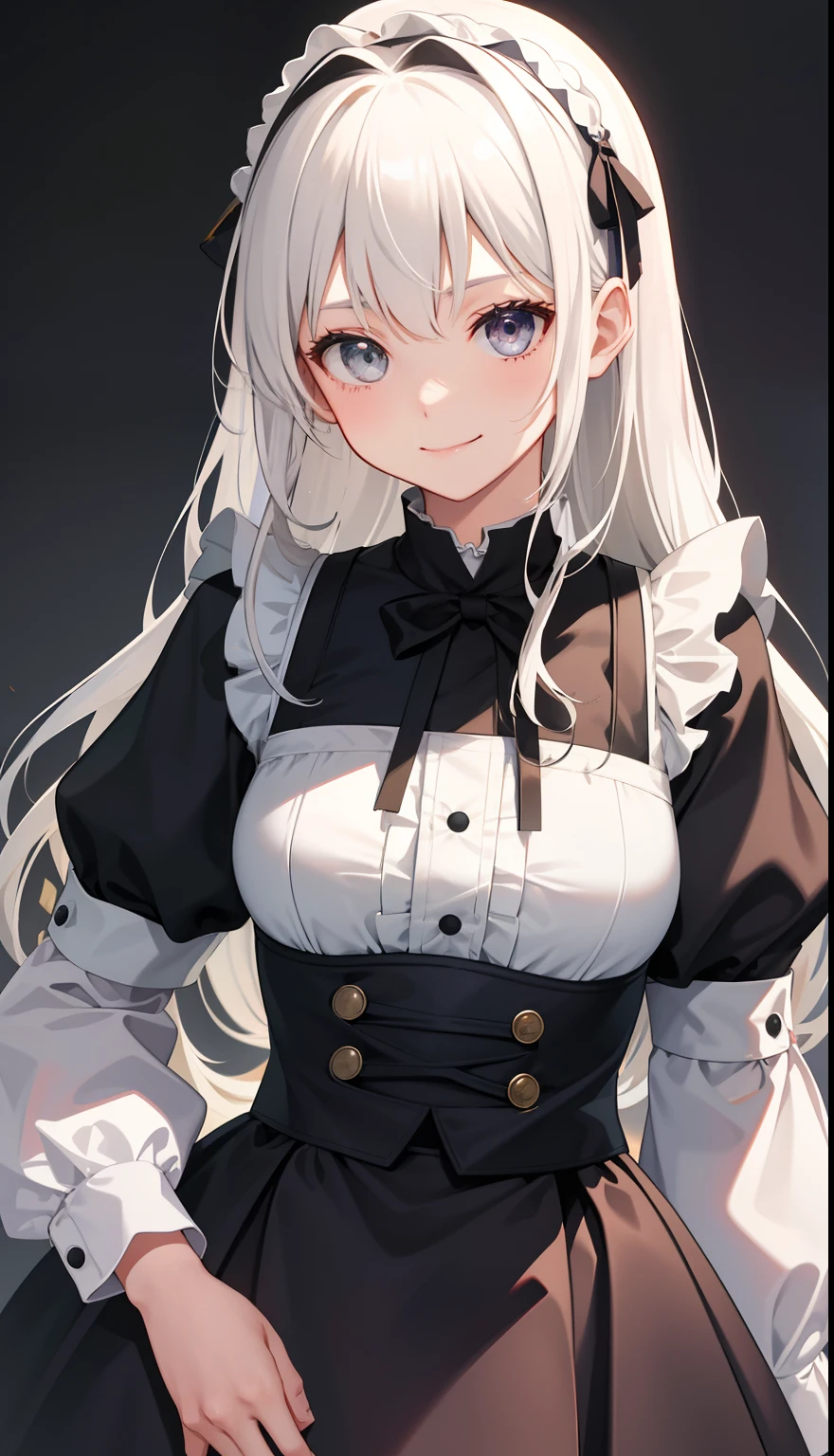 1girl in、AS-Adult、A smile、The shirt、skirt by the、(small tits)、doress、pinafore、hair adornments、White hair、(Maids)、Upper body portrait、
