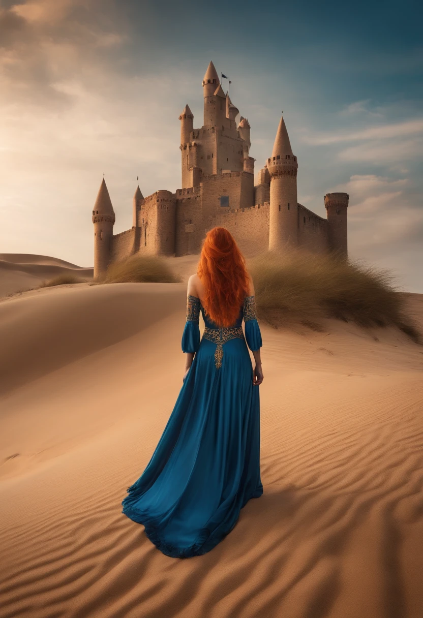 masterpiece, best quality, solo, 1girl, orange hair, blue hair, :D, orange dress, looking at viewer, outdoors, sand, sand dunes, huge castle, crown, standing, full body, cowboy shot, hands on hips,