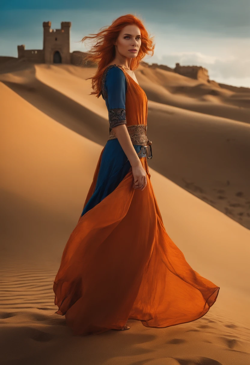 masterpiece, best quality, solo, 1girl, orange hair, blue hair, :D, orange dress, looking at viewer, outdoors, sand, sand dunes, huge castle, crown, standing, full body, cowboy shot, hands on hips,
