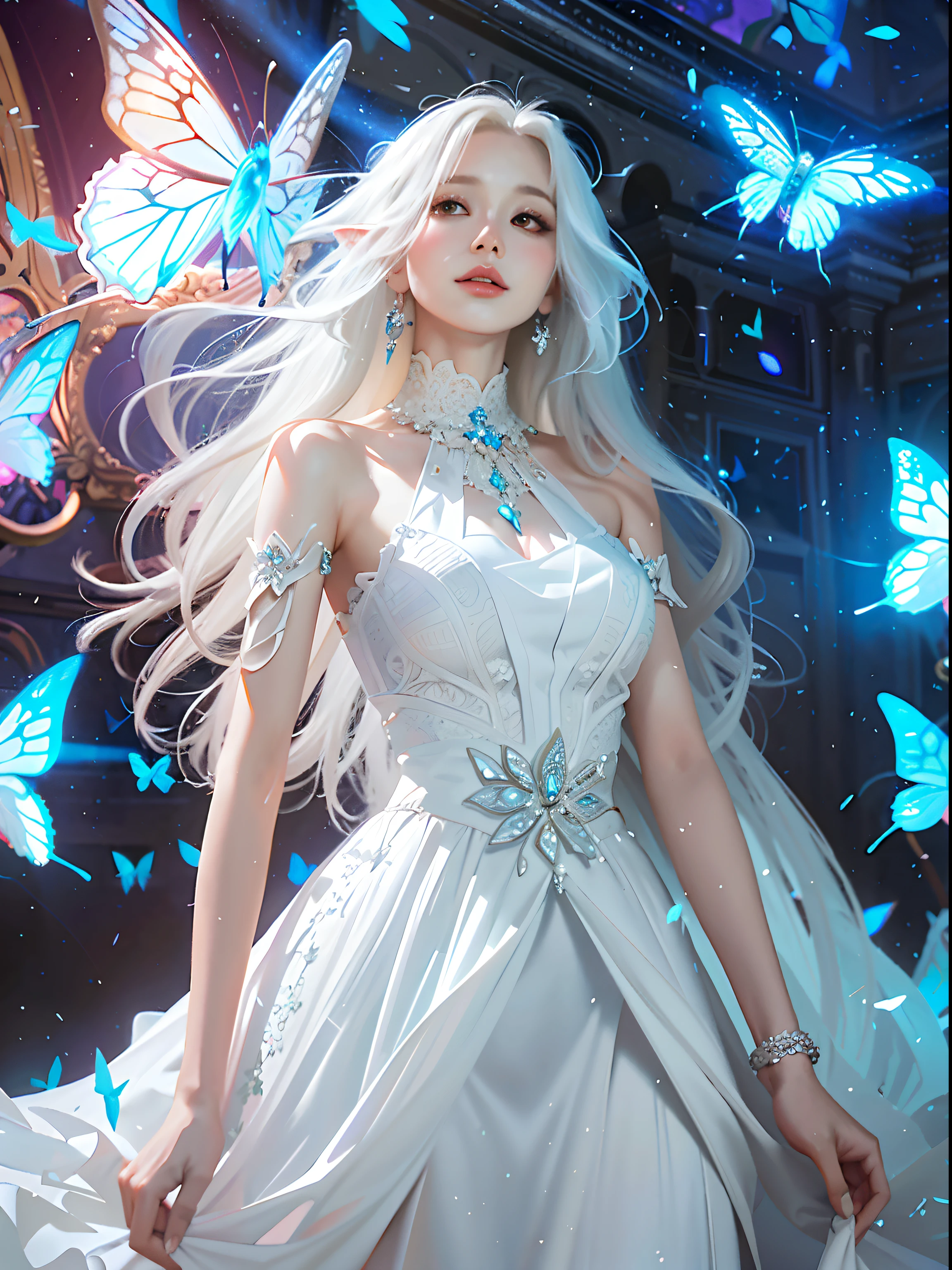 White hair , (((White luminous dress , White giant dress , Dress glitter , dress ))) ,Beautiful dance dynamics , Long legs , small thighs((Huge long white hair,Glowing coat , Long flowing hair))offcial art , Unity8k wallpaper , Ultra detailed , Beautiful and beautiful , Masterpiece , Best quality ,Realistic((Huge long white hair,Glowing coat , ))Masterpiece , Best quality , Ultra-detailed , very detailed illustration ,Extremely detailed , Intricate details , .White luminous dress , White giant dress , Dress sequins , Dress made of aurora , ultra intricately detailed , Very detailed 8KCG wallpaper , Cowboy shot , Caustics .Reflection , Ray tracing , Demon Theme ,Starcloud ,Dark aura, cyber effect , (1girll:1.4)Solo , Little blue butterfly , Surrounded by dozens of monarch butterflies , Huge long white hair shiny quilt hair , (Blue plasma flame , (insect , Butterflies))Long blue crystal dress , There are butterflies on the huge skirt , .Holy Light Butterfly Angel , Butterfly wings , in the style of rococo pastel hues ,Light white and light dark red , unbelievable beautiful , Cherry blossoms , sparkling water reflections , Soyuz , Flowing , Surreal ,Painting , Ethereal , Elsa Bleda , stockphoto, Mixed reality and fantasy elements ,vray tracing , Intricate patterns , delicated lines , made of crystals , Refine your hands ,Refine your hands , Refine your hands, Starry , Colorful , stars , (sharp focus on face) , (foreshortening:1.1 Omitted_above:0.3 , fish eye:1.1)
