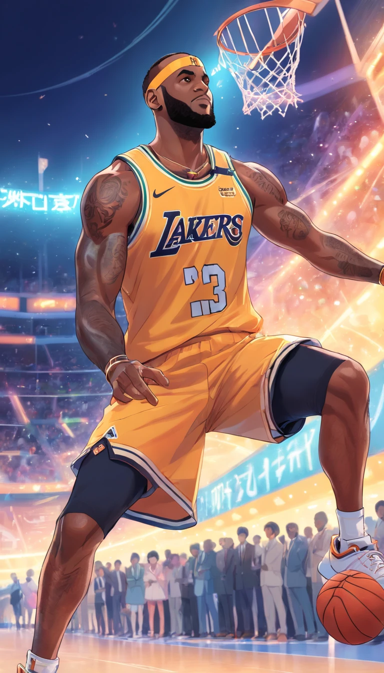 LeBron James jogando basquete como personagem de anime , Standard scenario , roupas tradicionais , melhor qualidade em tudo , obra prima