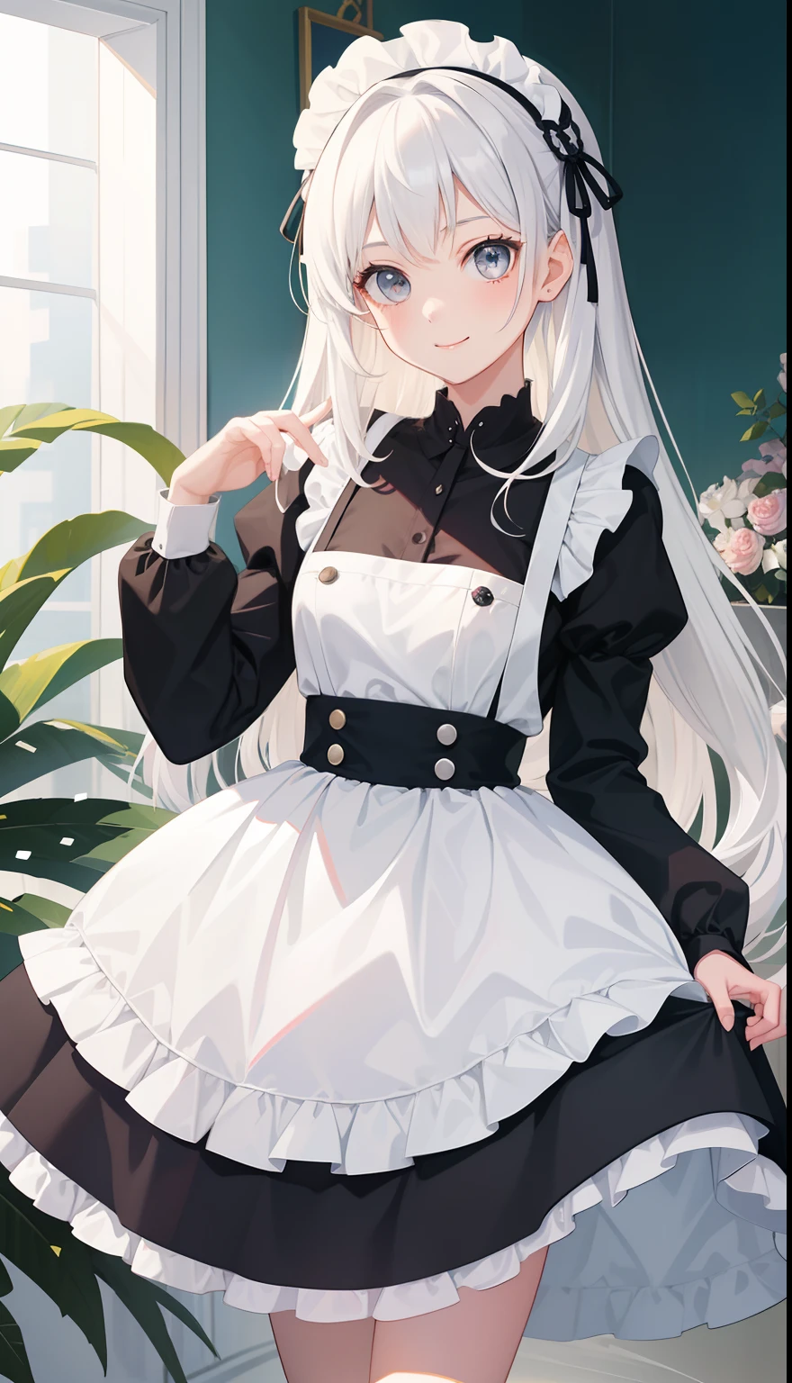 1girl in、AS-Adult、A smile、The shirt、skirt by the、(small tits)、doress、pinafore、hair adornments、White hair、(Maids)、Upper body portrait、