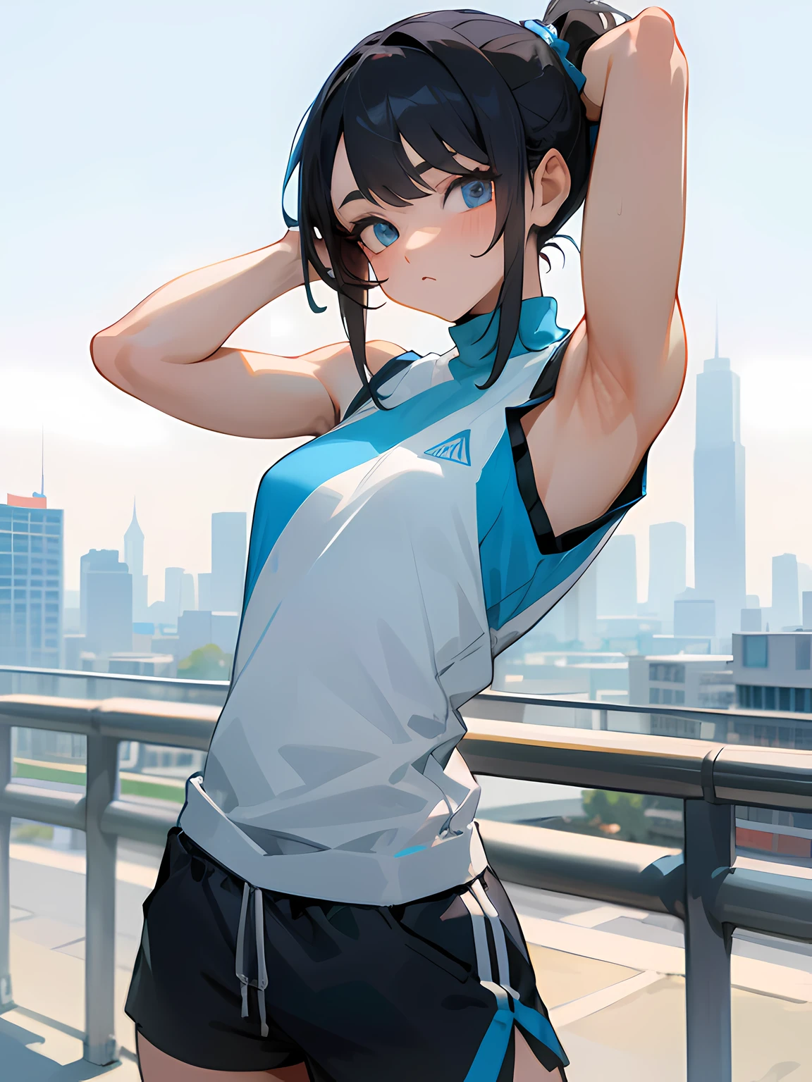 1 girl, black ponytail hair, blue eyes, wearing sleeveless white shirt, gym shorts, tying hair, armpits, city, absurdres, high res, ultrasharp, 8K, masterpiece, looking at viewer