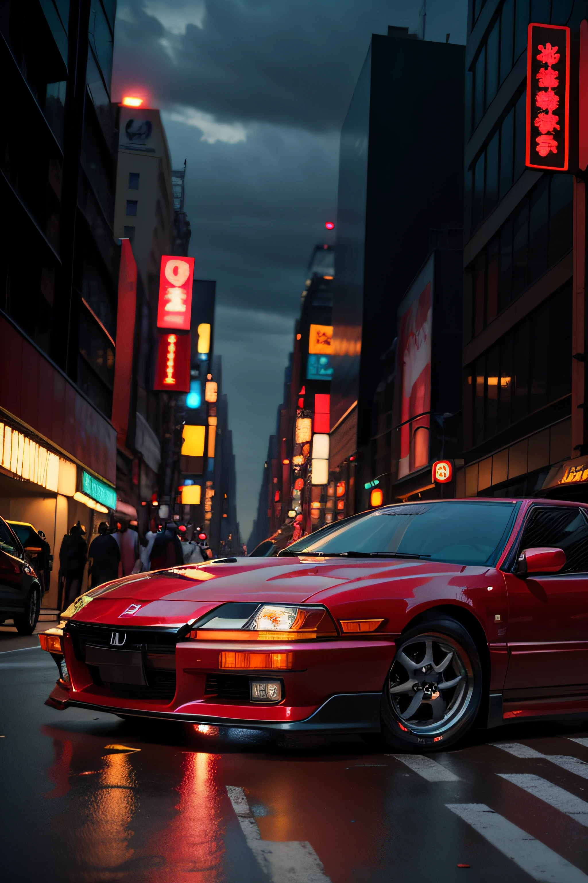 honda antigo carro vermelho, estilo akira, new york, luzes brilhantes, noite