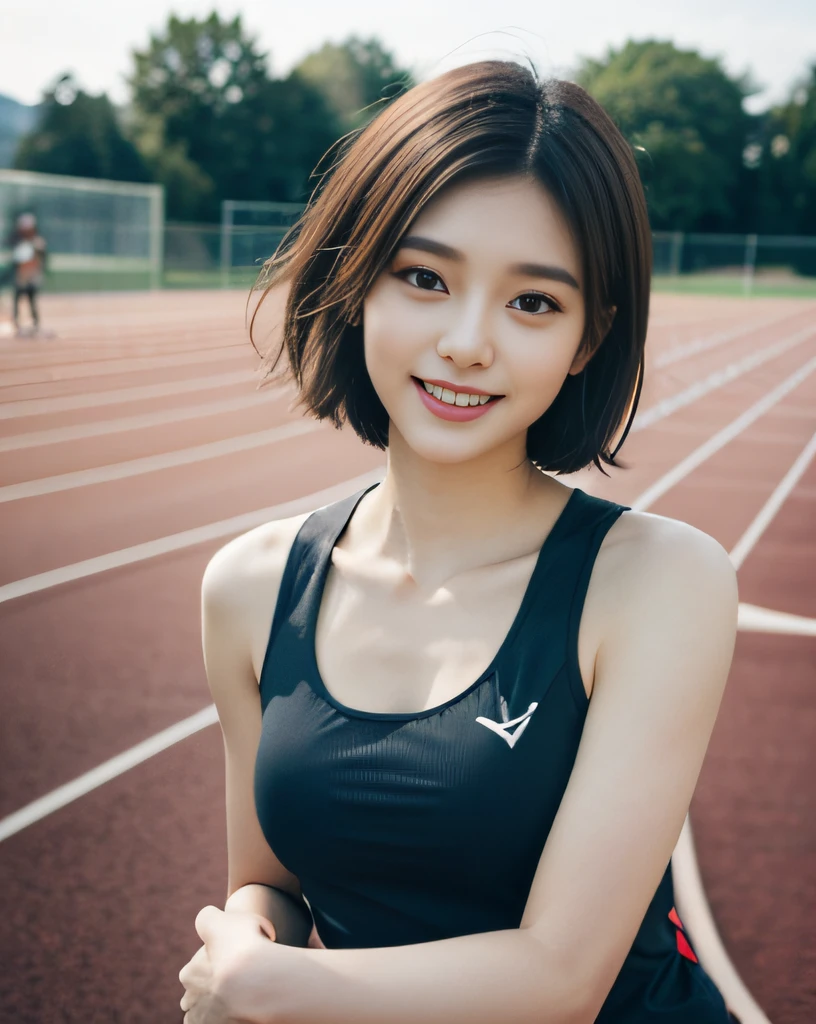 zydG, 1girls, Front view, stand, looking the viewer, exposed skin, (from below),brown-eyed, (brown very short hair:1.2), (light hair), (medium breasts:1.4), smile with white teeth, (photorealestic:1.4), (Top image quality:1.0), (UltraHighResolution:1.0), 8K, Raw photography, (A masterpice:0.2), track and field uniforms, show abs, (sweat, wetty:1.1), portlate, facefocus, ful body,(pureerosface_v1:0.5), outdoor, track and field,