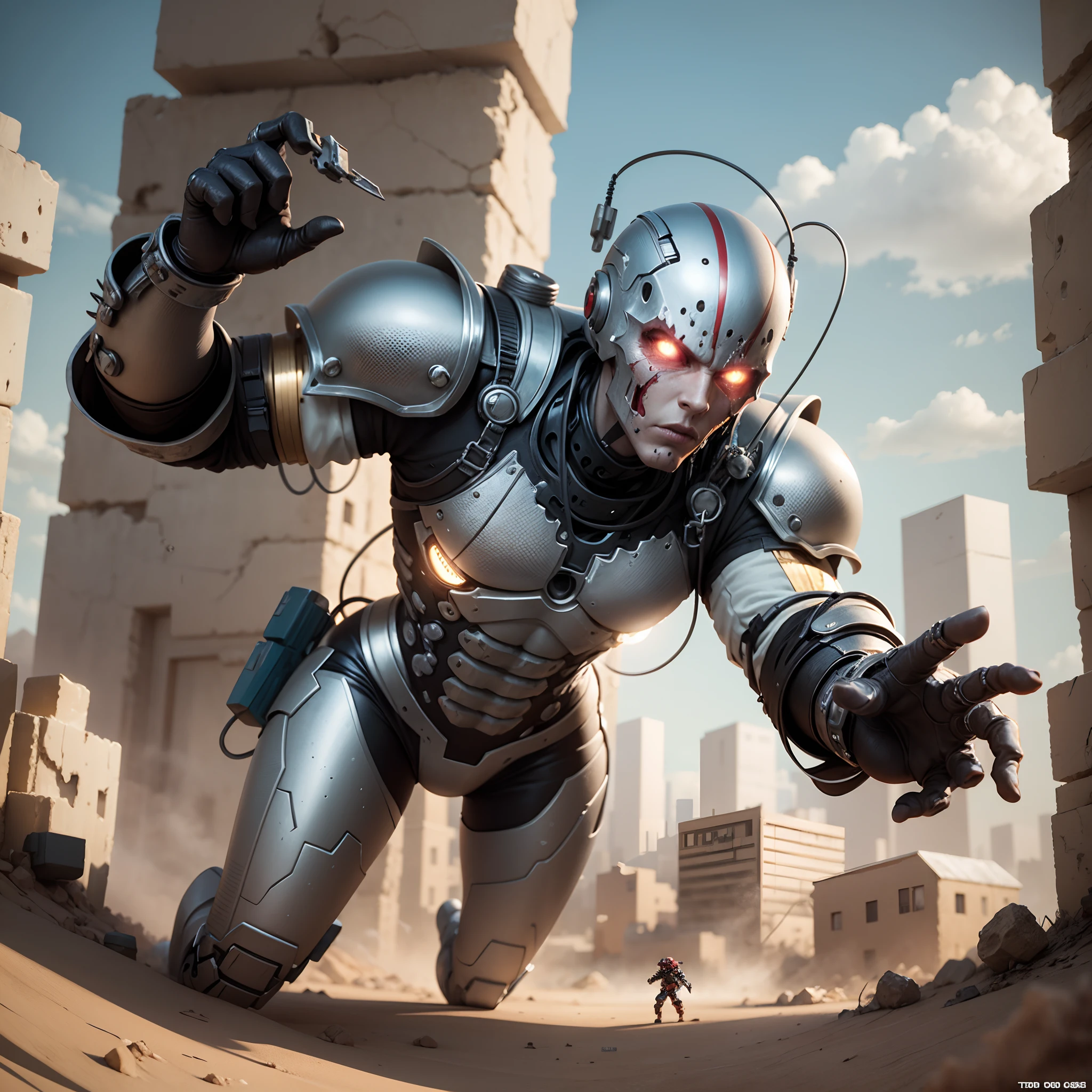 Spawn fighting a ziggy stardust-cyborg in a dystopian desert village,, in the style of Todd McFarlane, , action illustration, comics, 3d render --auto --s2