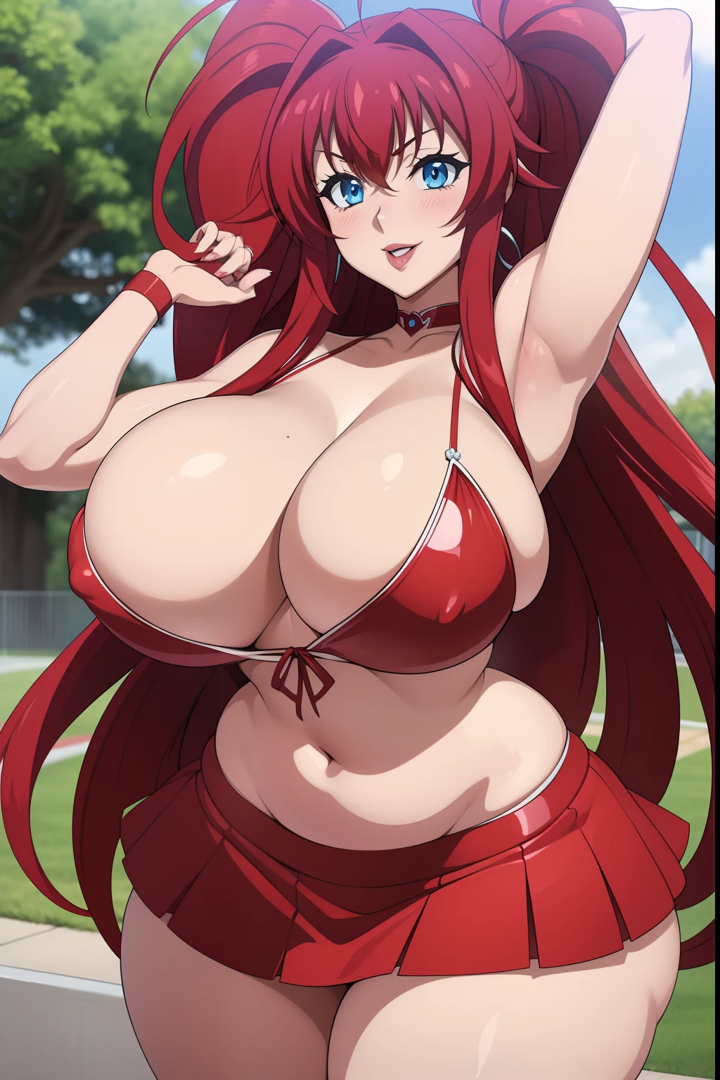 Highschool dxd, Rias Gremory,1girl, (((bimbo))), long red hair , blue eyes, ear rings, (((bimbo))), puffy lips, painted lips, thick lips, smile face, wide hips, thick thighs, huge round ass, huge natural Hitomi Tanaka breasts, cheerleader skirt, posing, hands up,