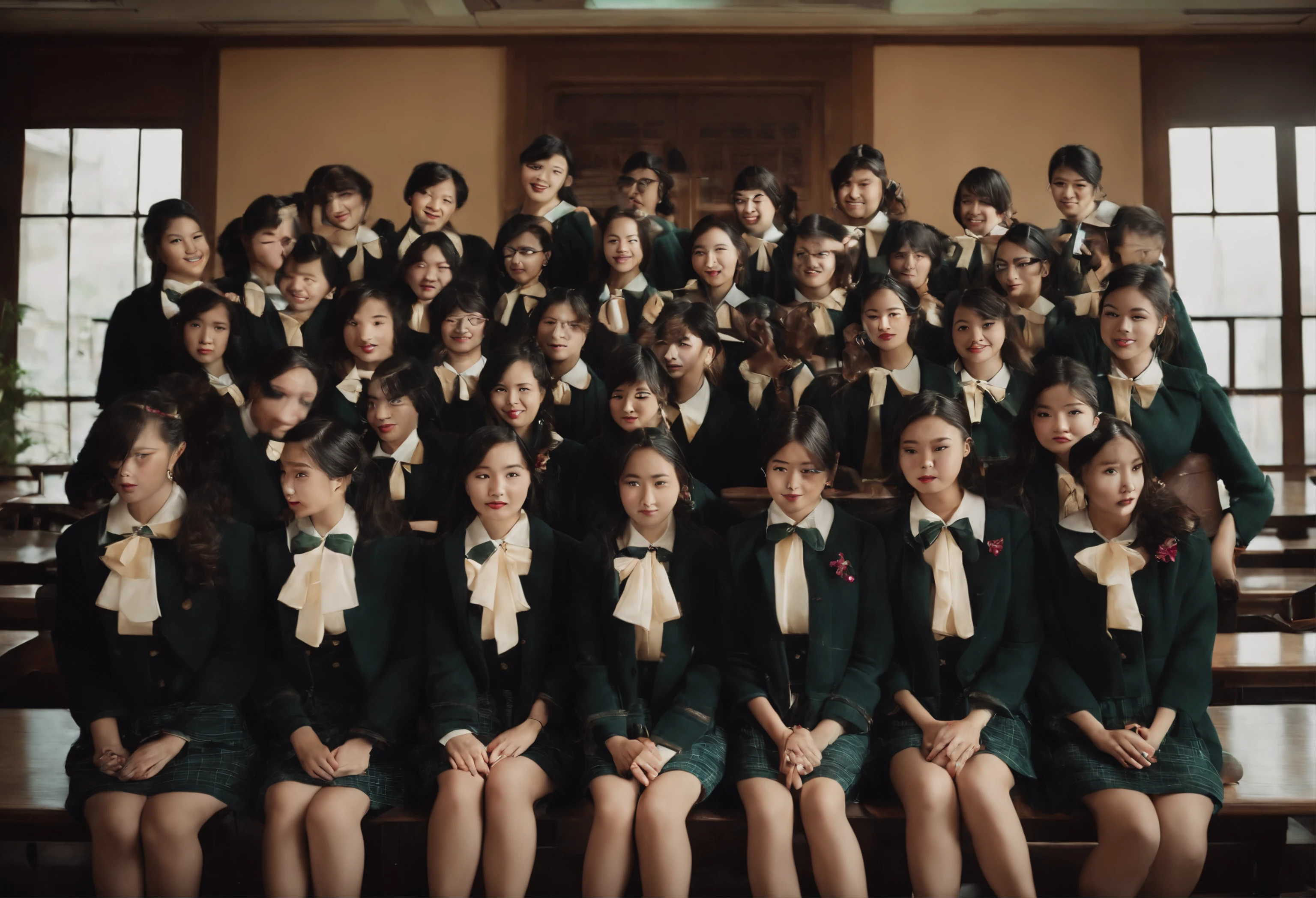 Cute High School Girl　校服　A dark-haired　40 people　in group photograph　Retro shades