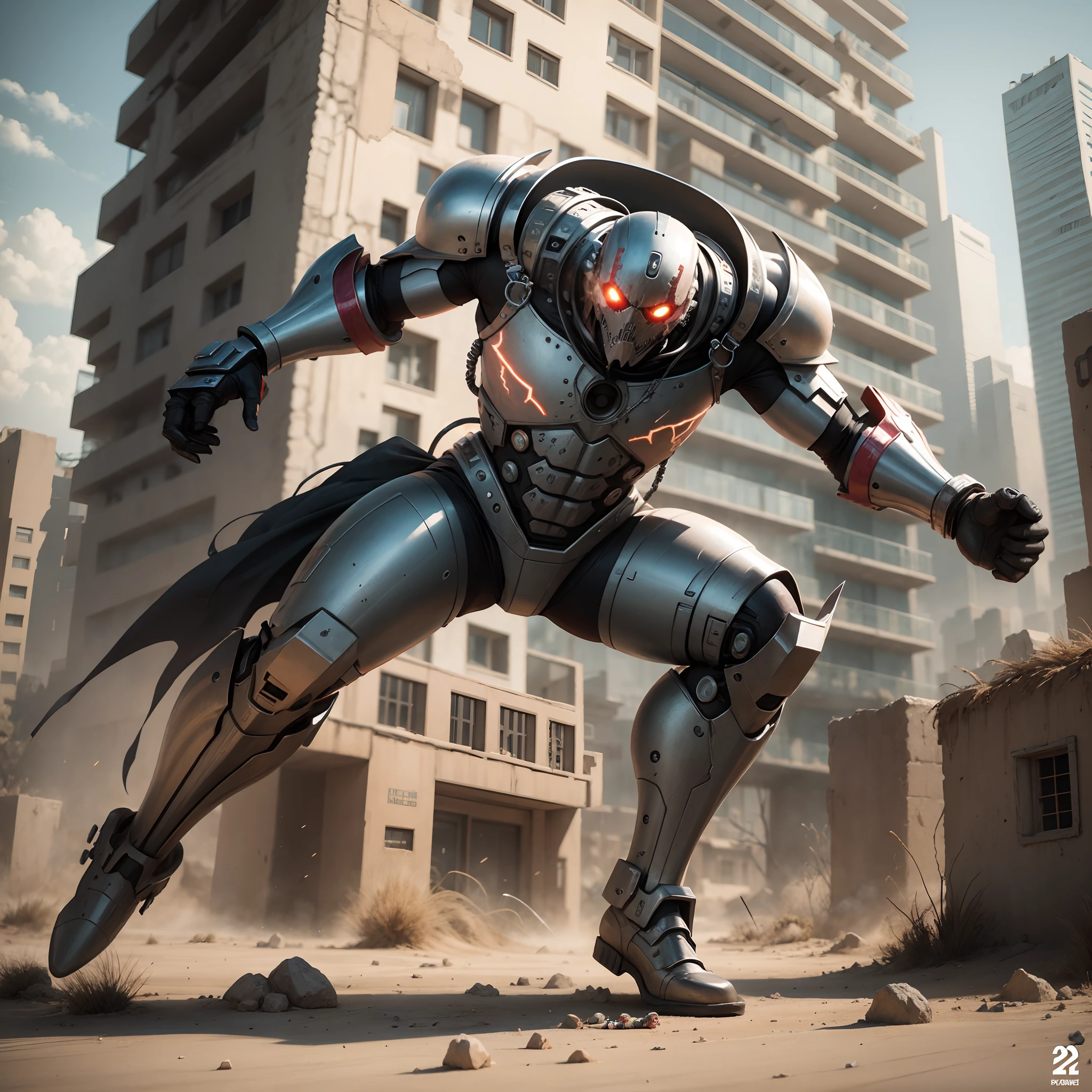 Spawn fighting a ziggy stardust cyborg in a dystopian desert village,, style Todd McFarlane, , action illustration, comics, 3d render --auto --s2
