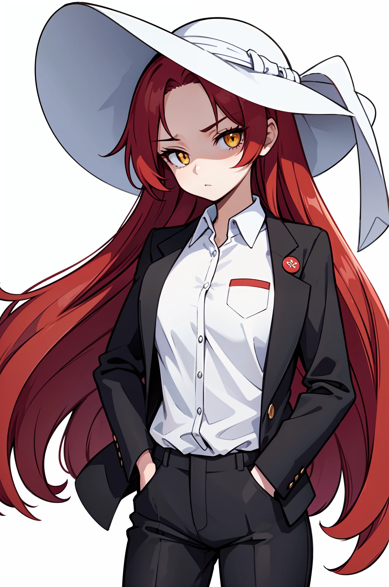 1girl, solo, scarlet red hair, (long hair, forehead), yellow eyes, medium breasts, neutral, shaded face, ((wide sunhat)), hands on pockets, jacket, black cropped jacket, white shirt, button shirt, suit, suit pants, black pants, looking at viewer, white background, simple background, transparent background, standing, upper body, portrait, masterpiece, best quality, 8k,