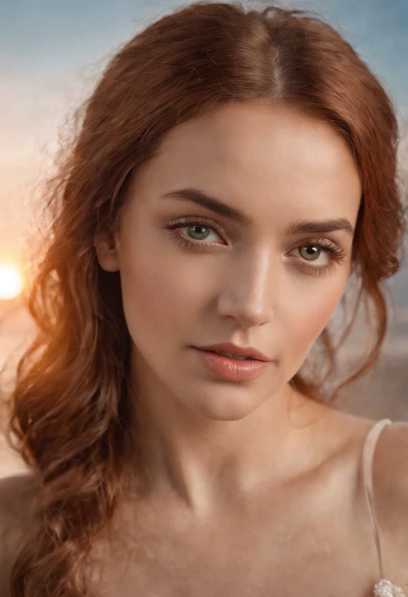 photorealistic Oilpainting ((full body)), ((stunningly attractive)) 80s realistic style, ((Large beautiful Exposed BOOBS)), Brown Curly hair, detailed Green eyes, shy, charming, (symetrical face)), wearing (micro-bikini), toned abs, 8k ((symmetrical big tits)), (sad face), hourglass body, sharp focus, ((Sea Landscape)), Art by (artgerm), (greg rutkowski), alphonse mucha, detailed,