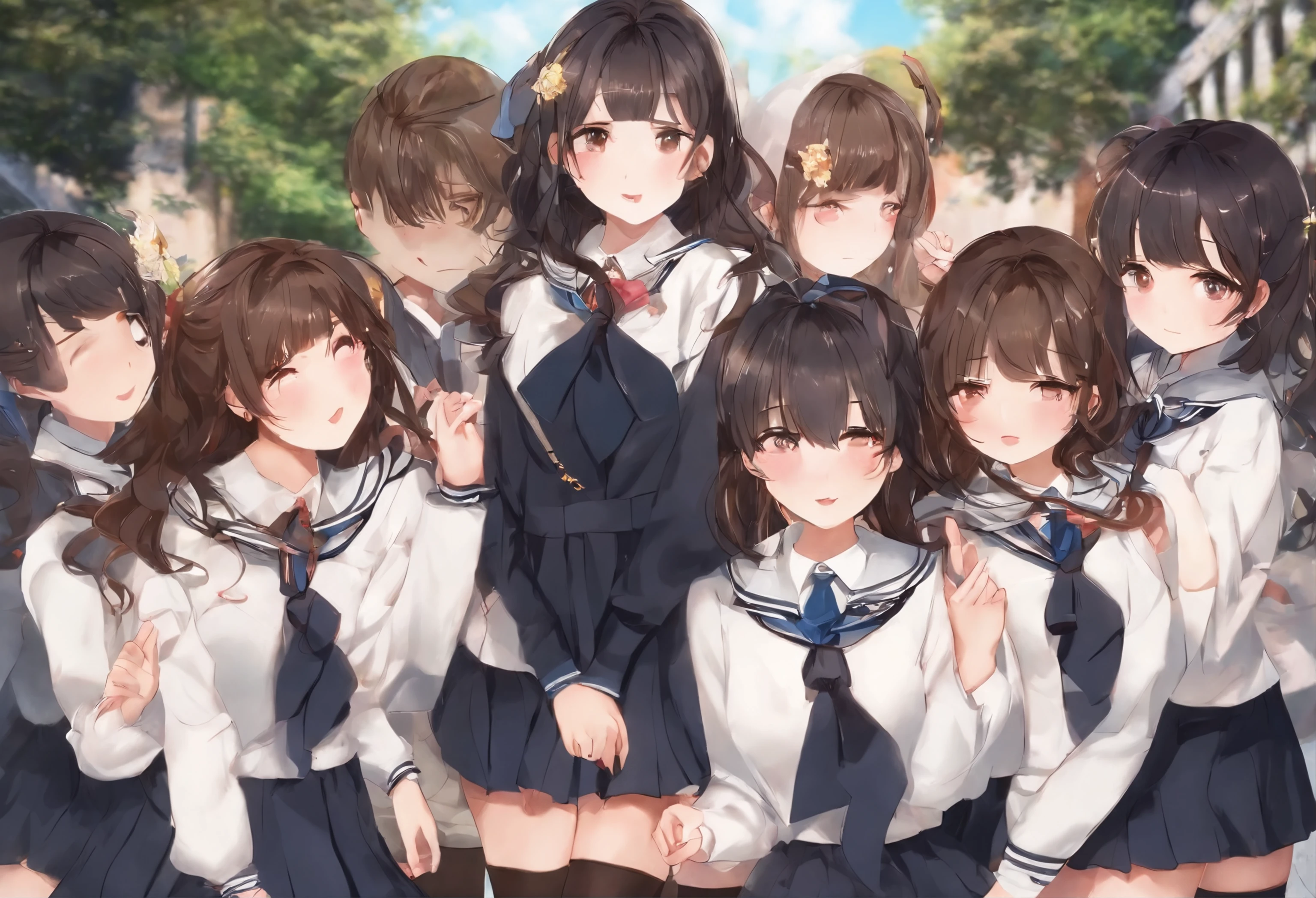 Cute High School Girl 校服 A dark-haired 10 people in group photograph