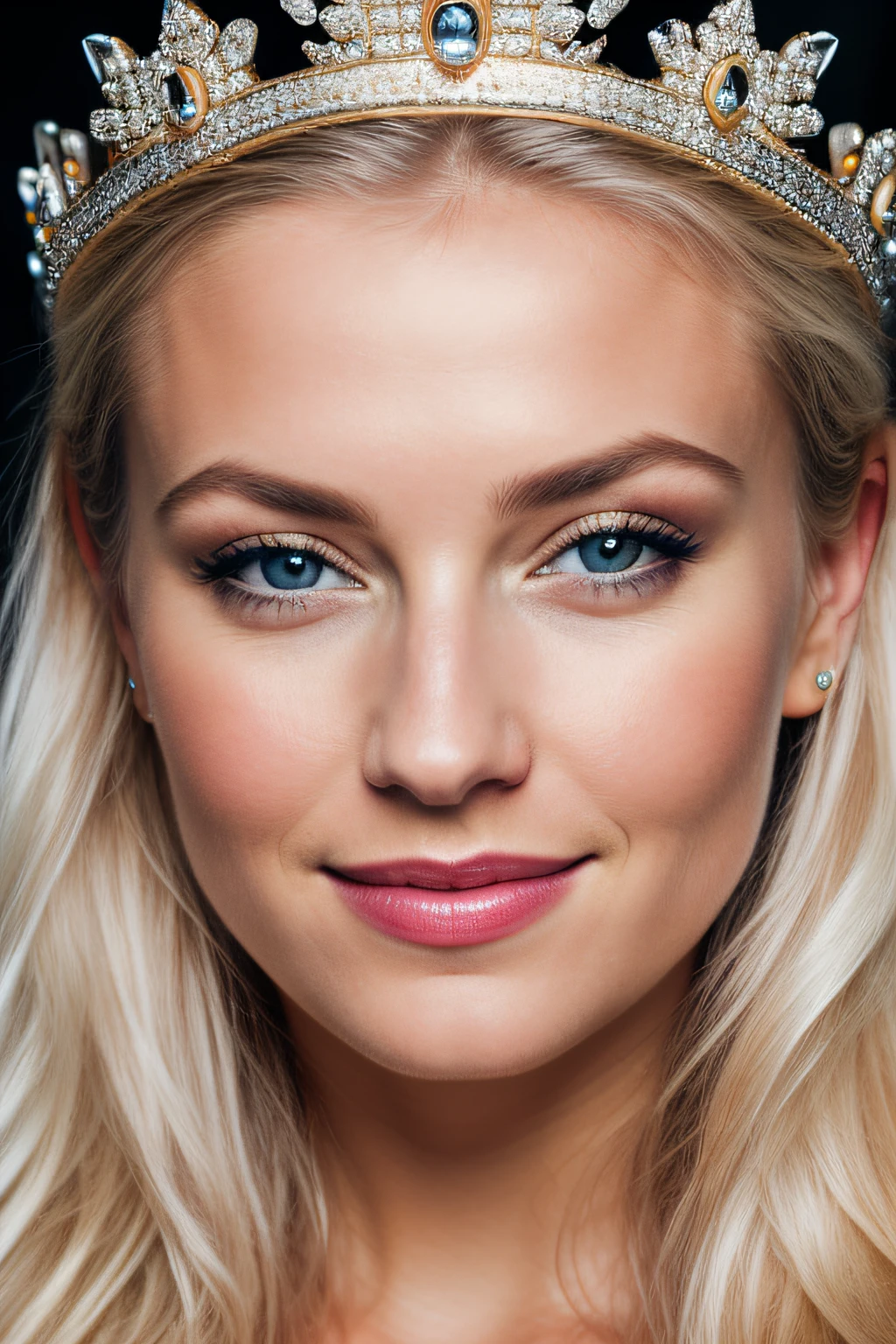 RAW photo, close up, portrait of a beautiful nordic queen wearing crown smiling, 8k uhd, dslr, soft lighting, high quality, film grain, Fujifilm XT3, perfecteyes eyes