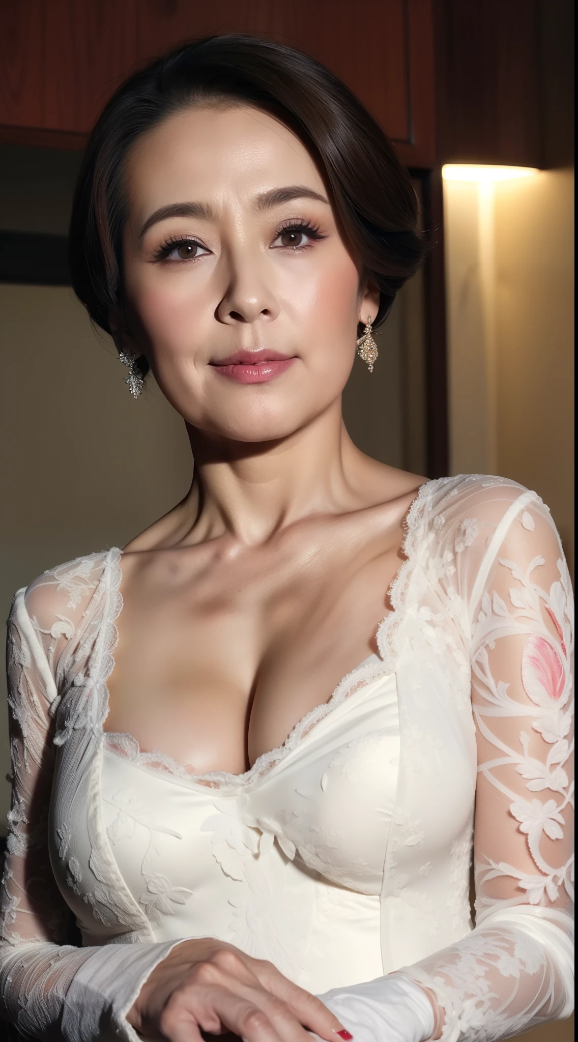 remove background, gravure, (old face), in the spotlight, describe the lips correctly, red lipstick, from the chest up, bridal gown, flashy face, highest quality, Super detailed, realistic, super dense skin, perfect beauty, (A decaying mature woman), (erotic), 120 years old, big breasts, Bewitching, Glamour, sexy, pure white skin, looking at the viewer,