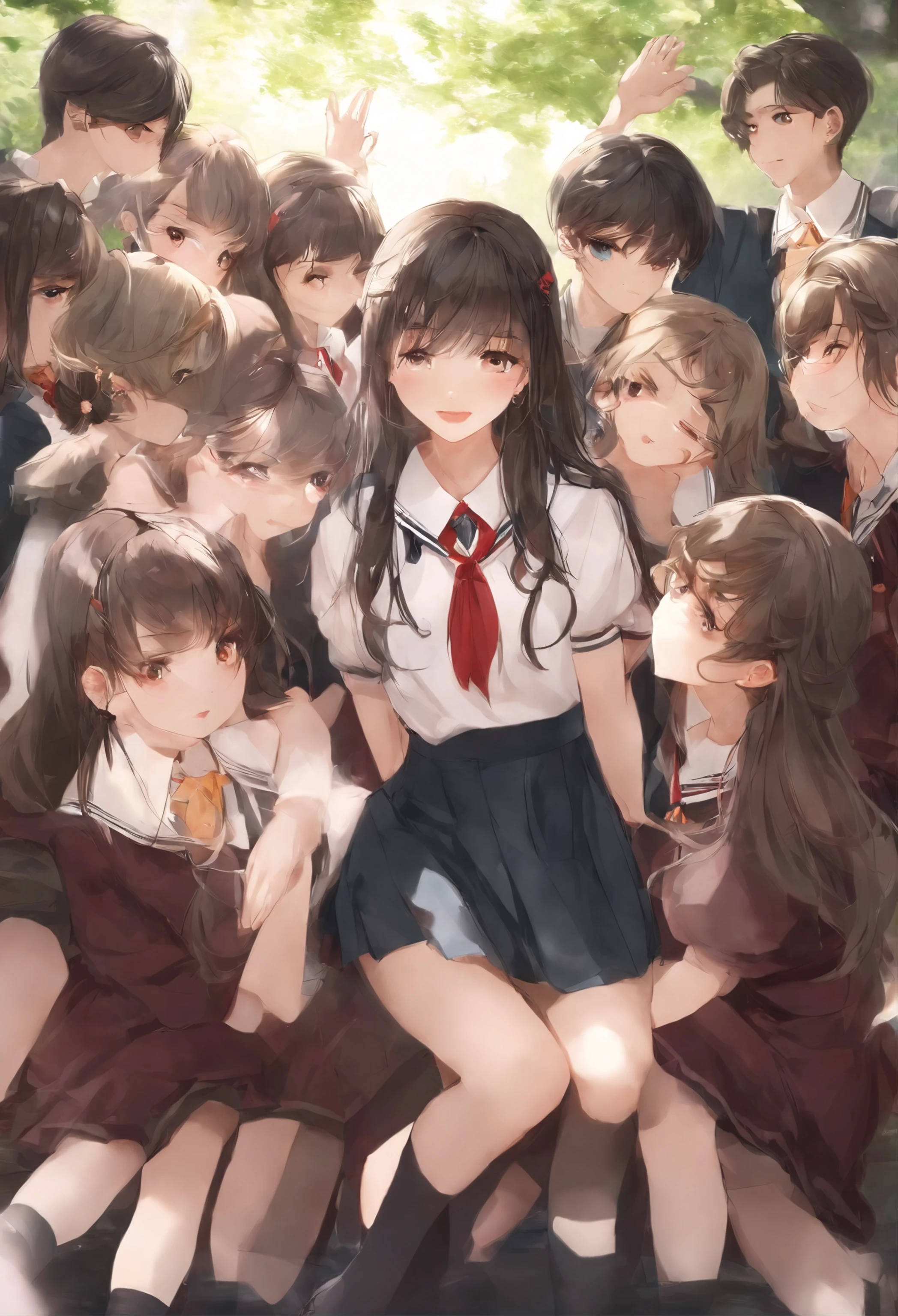 Cute High School Girl 校服 A dark-haired 10 people in group photograph