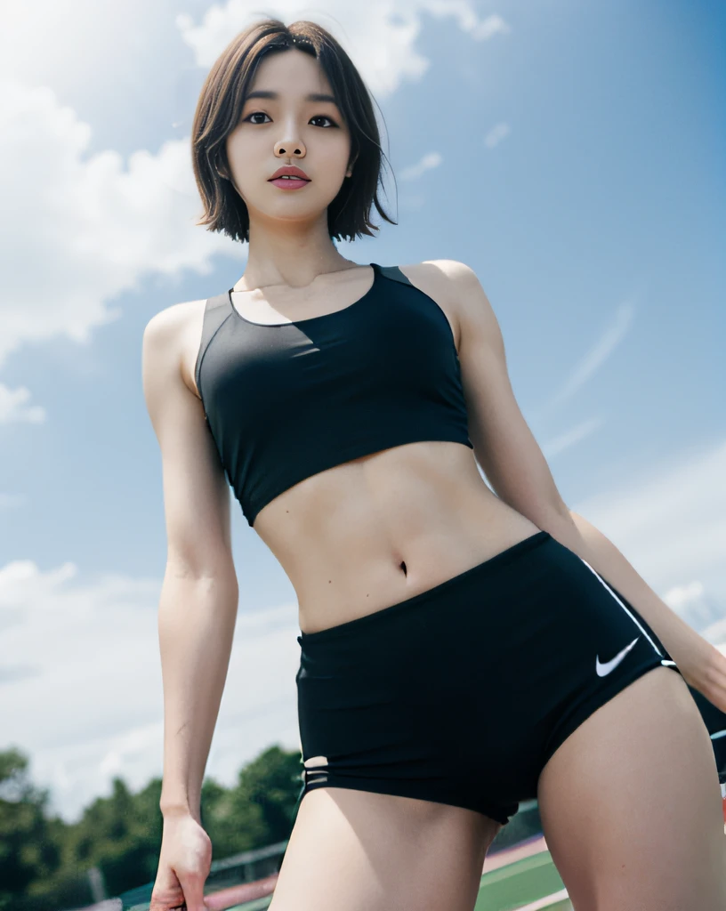 Female, 20 years old, (tmasterpiece: 1.4), (8K, Realiy, RAW photogr, best qualtiy: 1.4), japanes, (1 rapariga), beauitful face, (real face: 1.4),beatiful detailed eyes, (realskin: 1.3), Beautiful skins, Attractive, 超A high resolution, Ultra photo realsisim, K HD, the golden ratio, (Detailed face: 1.4) With short black hair,(nike fit athletic wear:1.5), dynamic pose, (developed abdominal muscles:1.5), (fit body:1.5), (small titts:1.5), (flat chest:1.5), (outdoor natural light:1.5), (skin colour can see through from wear:1.5), (thin wear:1.5), (see-through sports wear:1.5)