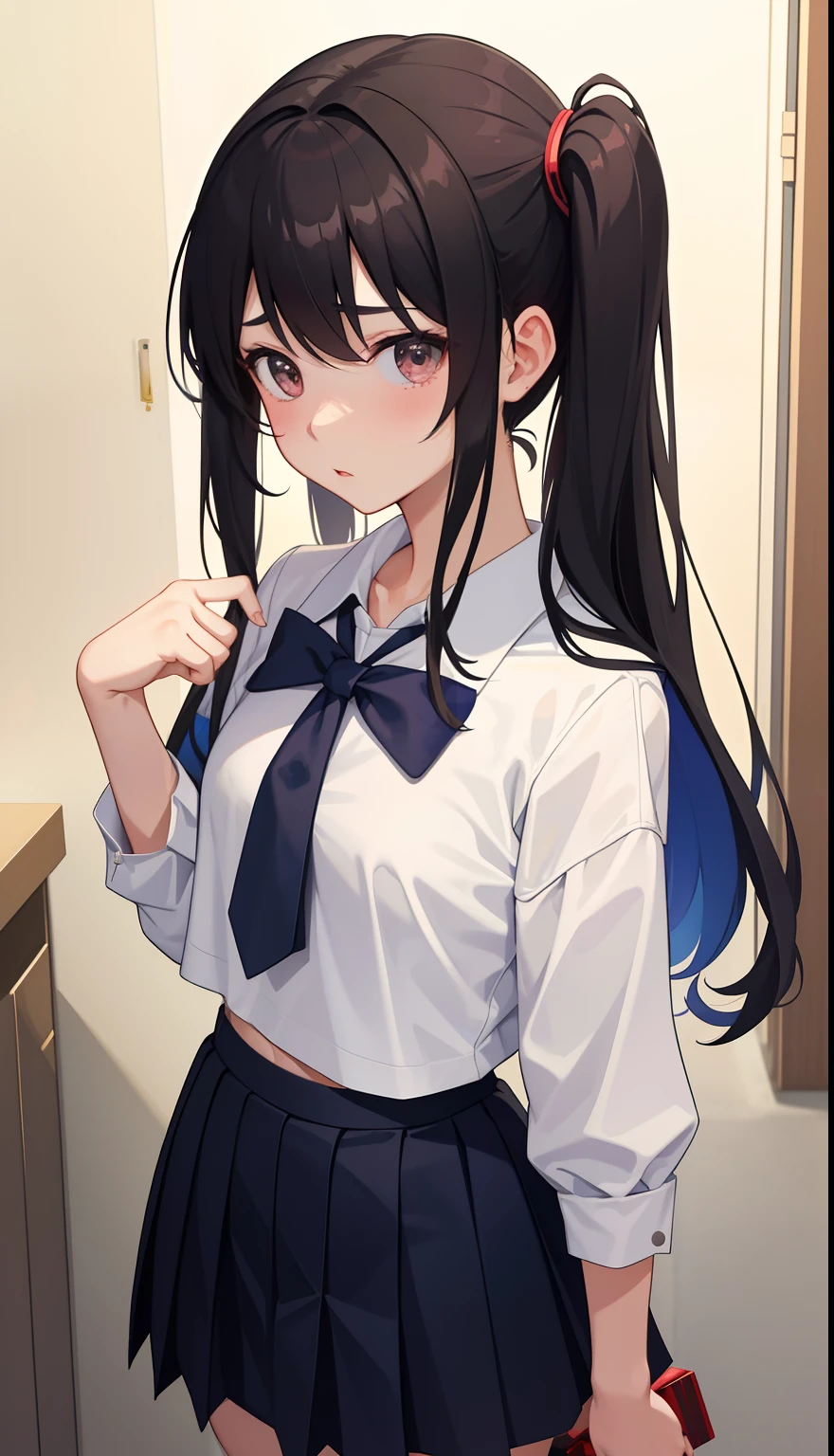 1girl in、AS-Adult、（Tsundere）、The shirt、skirt by the、（small tits）Chilarism、Japan High School Student Uniform、serafuku、summer clothing、（Sheer Bra）、Upper body portrait、