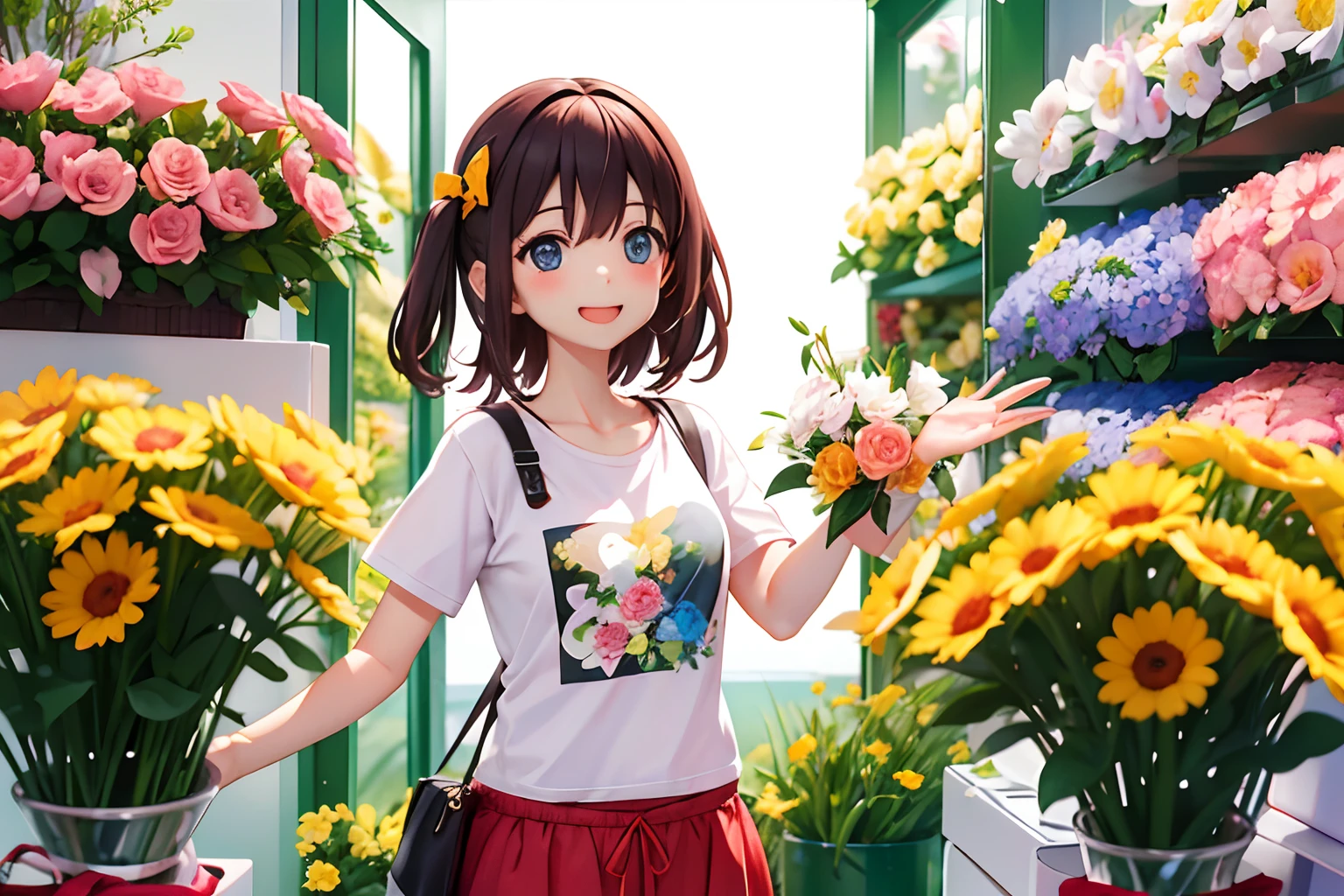 Best quality、超A high resolution、full bodyesbian、Girl working in a flower shop、Wear a loose T-shirt，Making a bouquet、Florist background， Cute happy smile