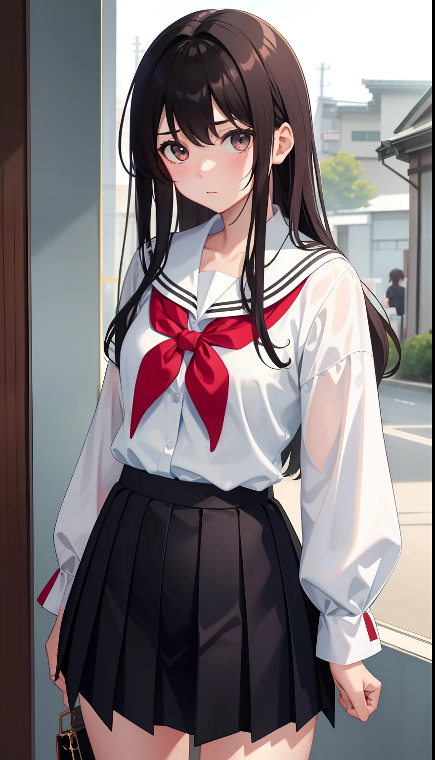 1girl in、AS-Adult、（Tsundere）、The shirt、skirt by the、（small tits）Chilarism、Japan High School Student Uniform、serafuku、summer clothing、（Sheer Bra）、Upper body portrait、