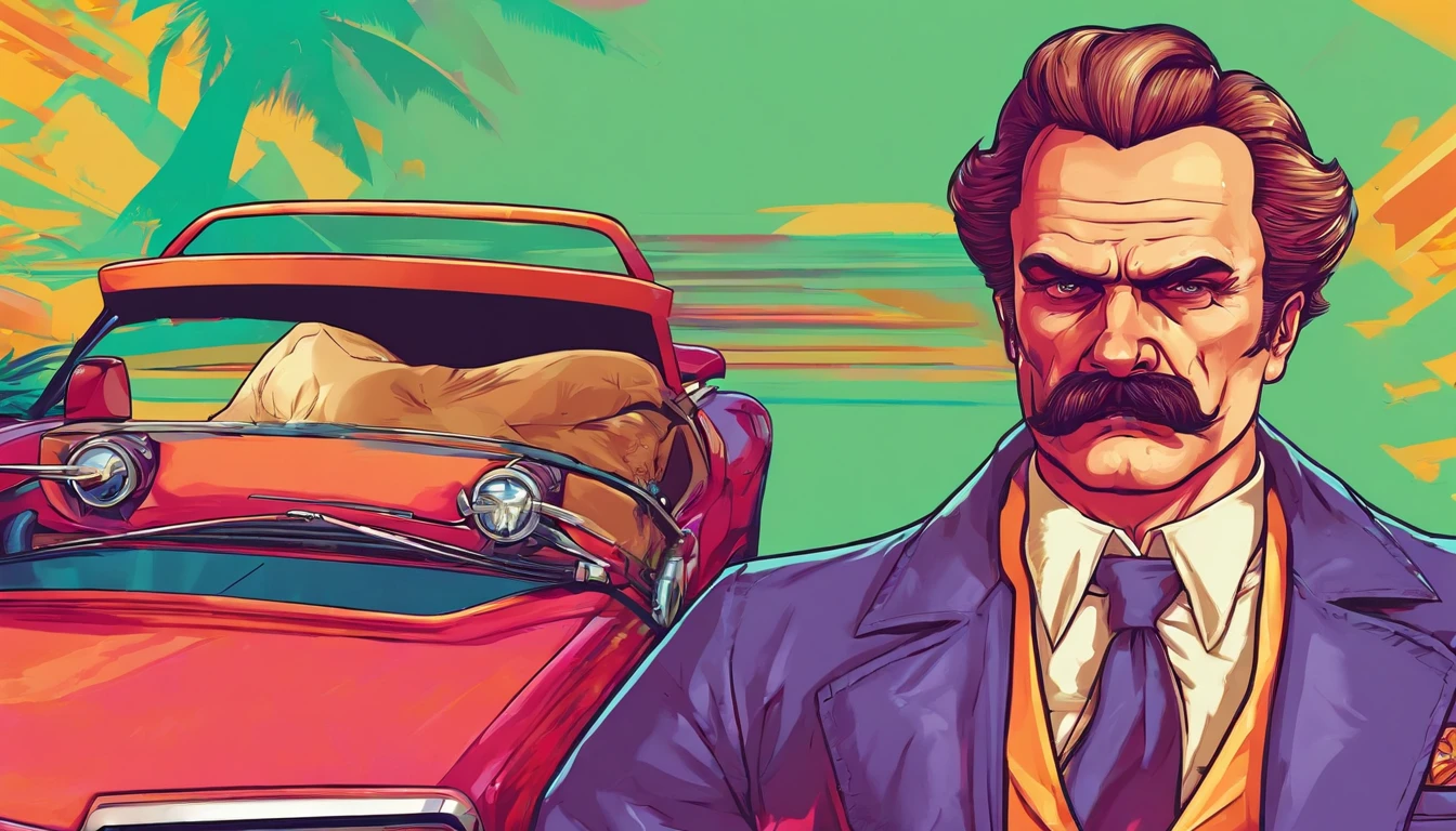 Philosopher Nietzsche gangster near a luxury car