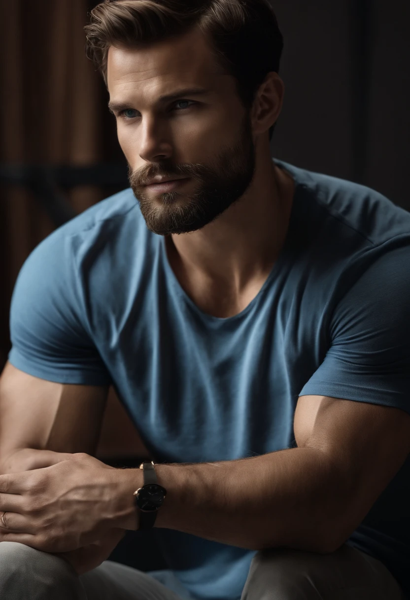 (Hombre con atuendo elegante), ), (con barba larga y llena,) (ojos azules) (retrato) Aspecto atractivo y serio, dark brown hair, Elegante y con estilo, y camiseta de cuerpo fuerte, Hombre similar al actor Jamie Dornan, (Imagen realista y de alta calidad), in the background Scandinavian apartment with designer furniture and blue wall color in the background, ((La mejor calidad, 8k, Obra maestra).