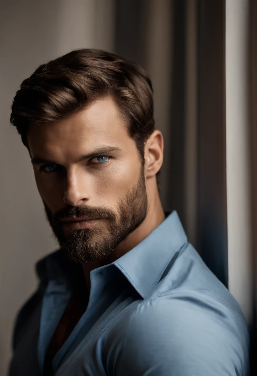 (Hombre con atuendo elegante), ), (con barba larga y llena,) (ojos azules) (retrato) Aspecto atractivo y serio, dark brown hair, Elegante y con estilo, y camiseta de cuerpo fuerte, Hombre similar al actor Jamie Dornan, (Imagen realista y de alta calidad), in the background Scandinavian apartment with designer furniture and blue wall color in the background, ((La mejor calidad, 8k, Obra maestra).