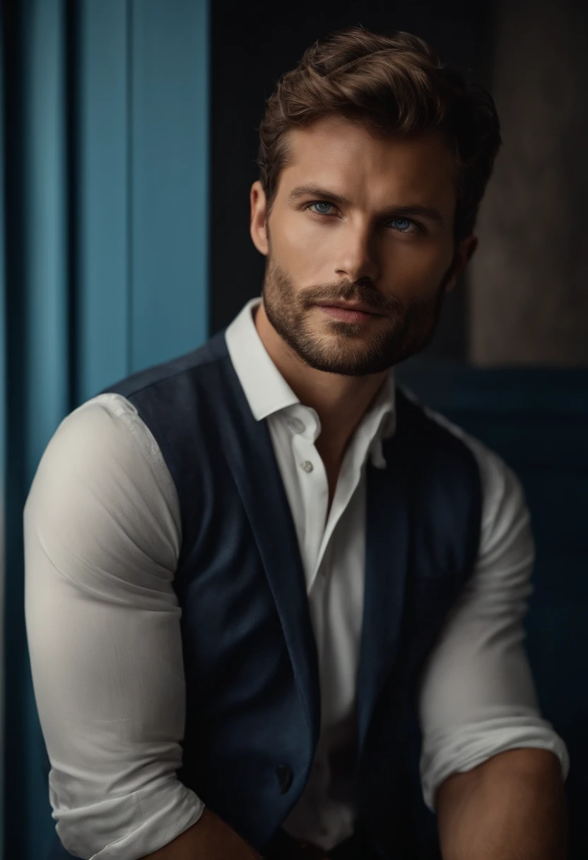 (Hombre con atuendo elegante), ), (con barba larga y llena,) (ojos azules) (retrato) Aspecto atractivo y serio, dark brown hair, Elegante y con estilo, y camiseta de cuerpo fuerte, Hombre similar al actor Jamie Dornan, (Imagen realista y de alta calidad), in the background Scandinavian apartment with designer furniture and blue wall color in the background, ((La mejor calidad, 8k, Obra maestra).