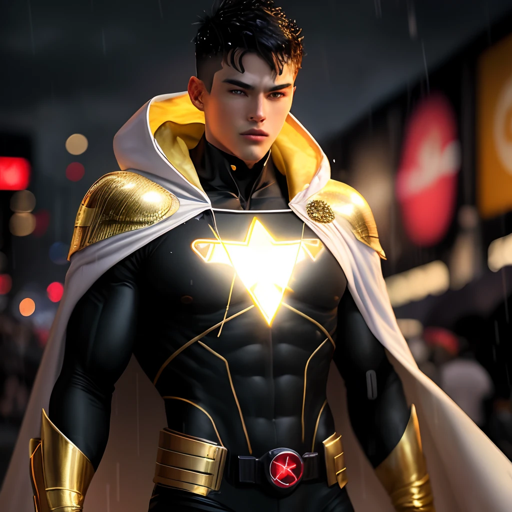 Super hero whitout cape, using fit suit black and gold with a golden atom symbol on his breast. Rain whether, night, neon light reflexss